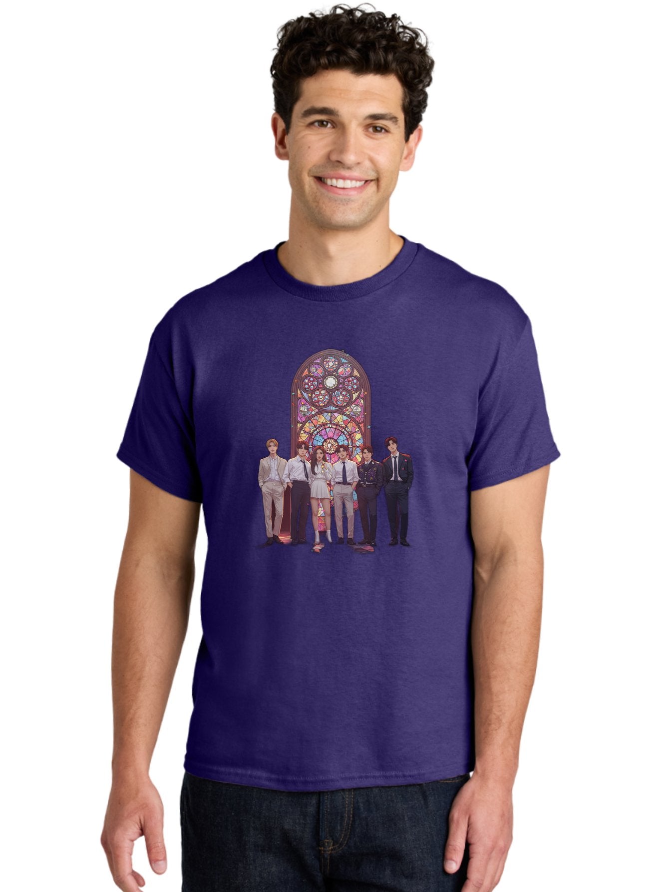 Stained-Glass-Window Men'S Graphic Tee, 100% Cotton, Comfortable Casual Summer Wear, Machine Washable, K-Pop Group, Stained Glass Window, Formal Attire, Black Ties, White Shirts, Vibrant Colors, Stained Glass Art, K-Pop Fashion, Bac450 29