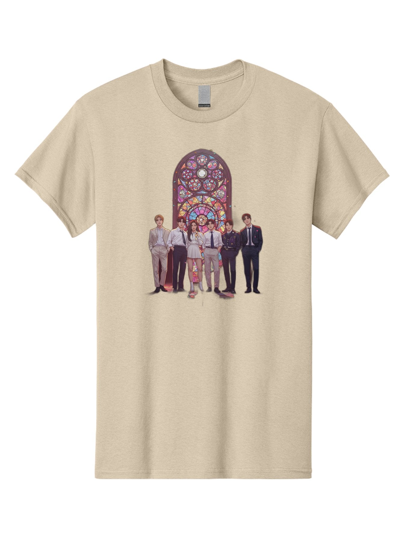 Stained-Glass-Window Men'S Graphic Tee, 100% Cotton, Comfortable Casual Summer Wear, Machine Washable, K-Pop Group, Stained Glass Window, Formal Attire, Black Ties, White Shirts, Vibrant Colors, Stained Glass Art, K-Pop Fashion, Bac450