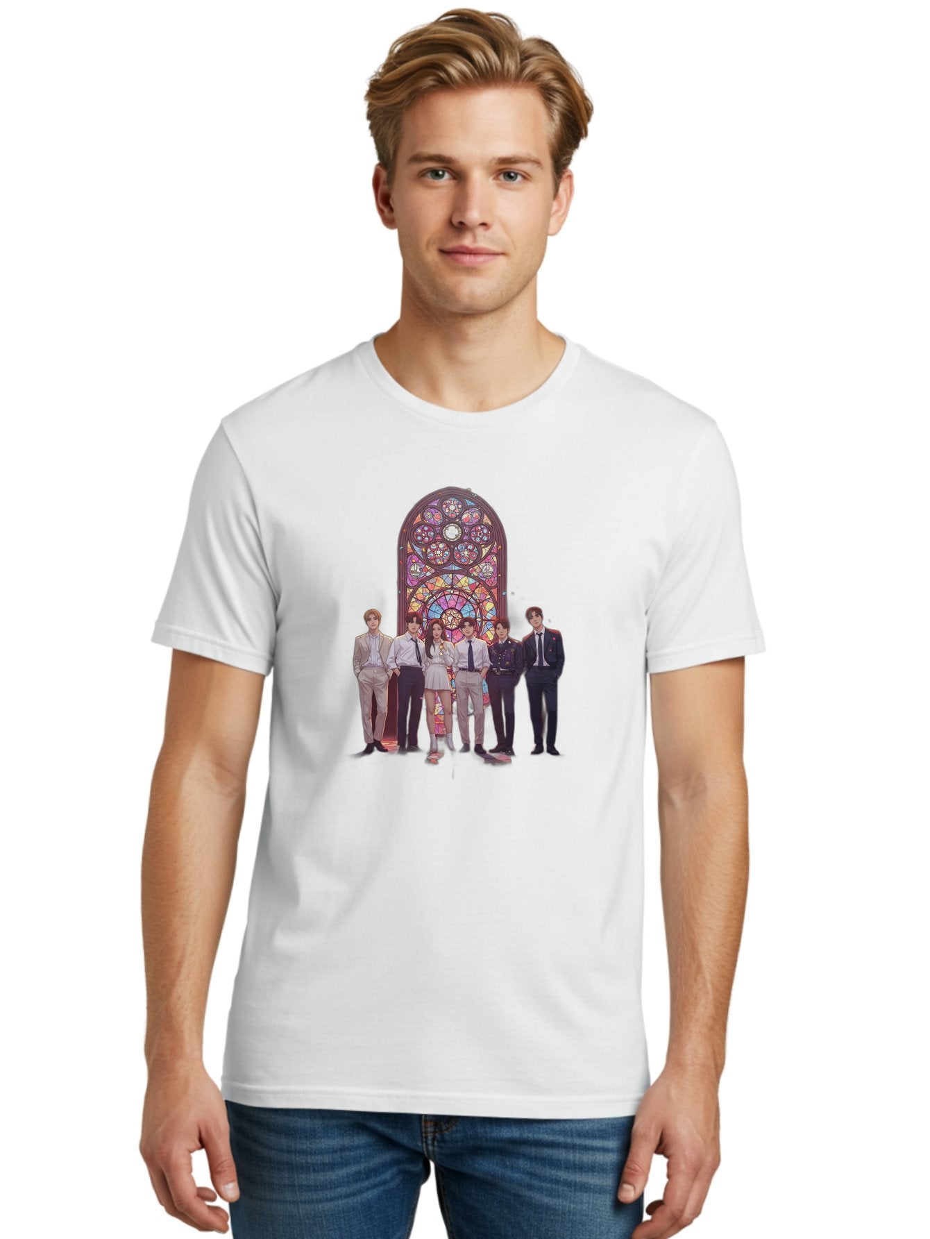 Stained-Glass-Window Men'S Graphic Tee, 100% Cotton, Comfortable Casual Summer Wear, Machine Washable, K-Pop Group, Stained Glass Window, Formal Attire, Black Ties, White Shirts, Vibrant Colors, Stained Glass Art, K-Pop Fashion, Bac450 27