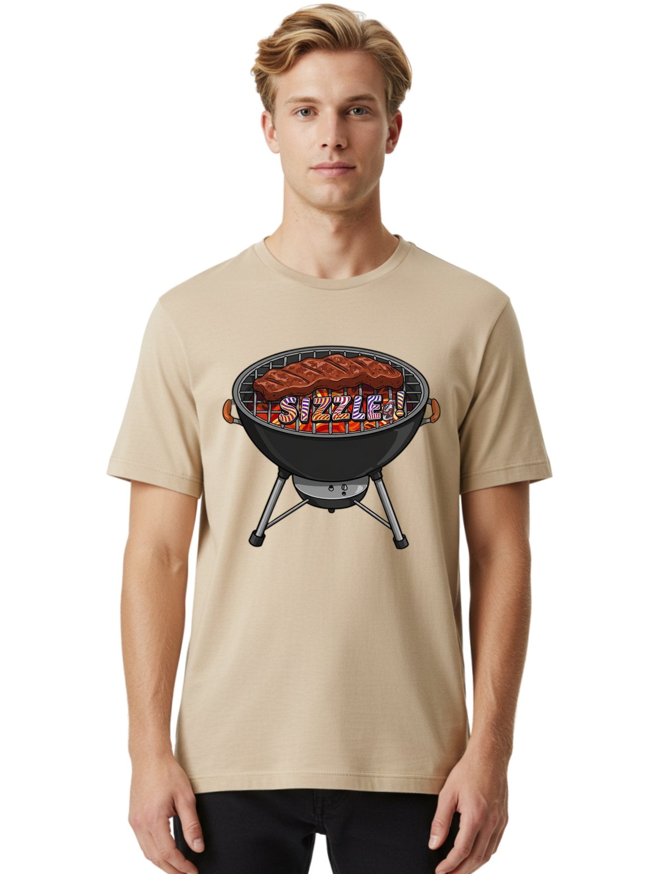 Steak-On-The-Grill Men'S Graphic Tee, 100% Cotton, Comfortable Casual Summer Wear, Machine Washable, Grilled Steak, Sizzling Grill, Barbecue Cooking, Outdoor Cooking, Grill Marks, Savory Steak, Hot Coals, Grilled Meat Bac453 17