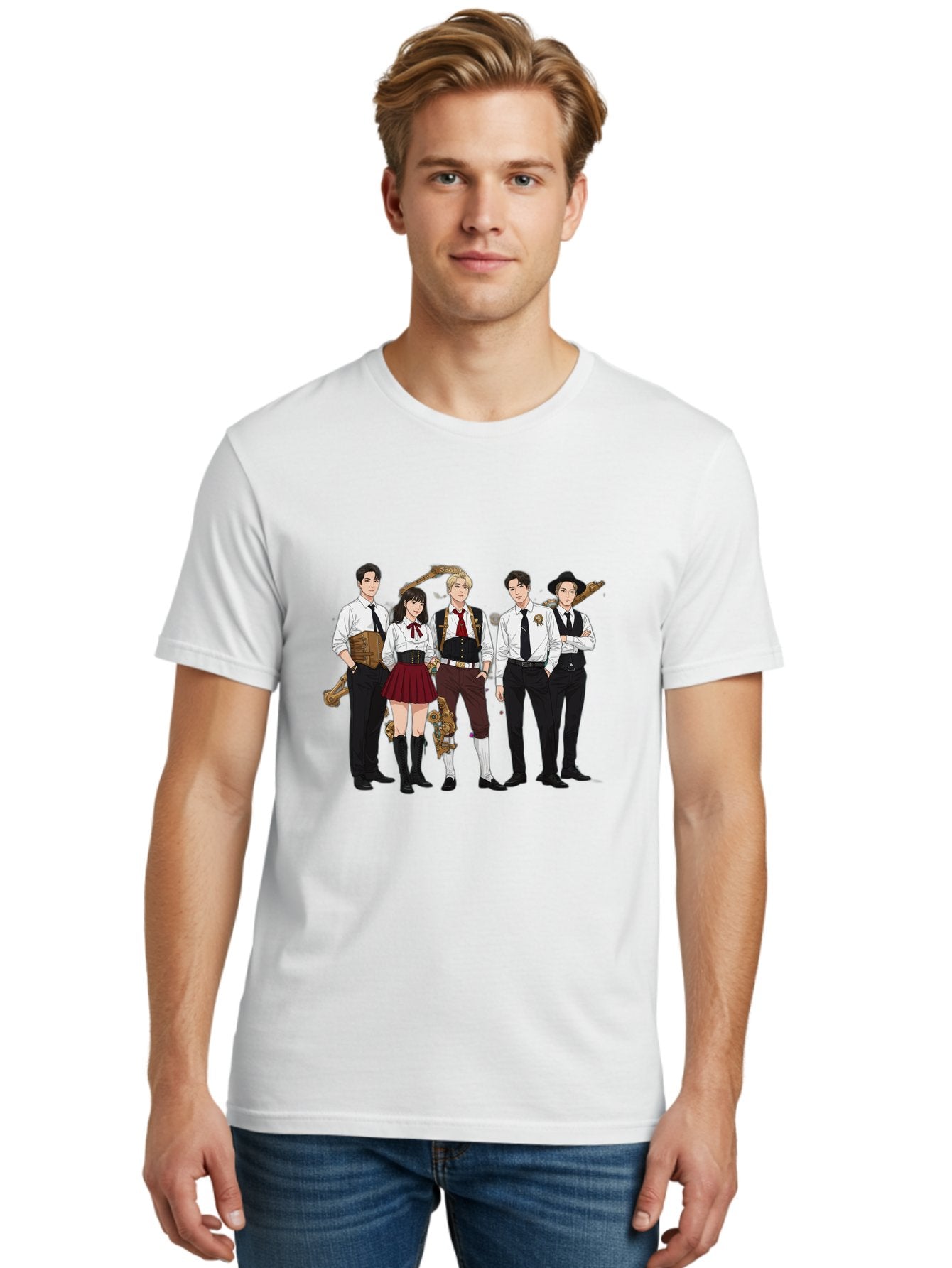 Steampunk-Characters Men'S Graphic Tee, 100% Cotton, Comfortable Casual Summer Wear, Machine Washable, Steampunk Characters, Anime-Inspired Art, Futuristic Attire, Science Fiction Elements, Clockwork Mechanisms, Formal Wear, Bac454 18