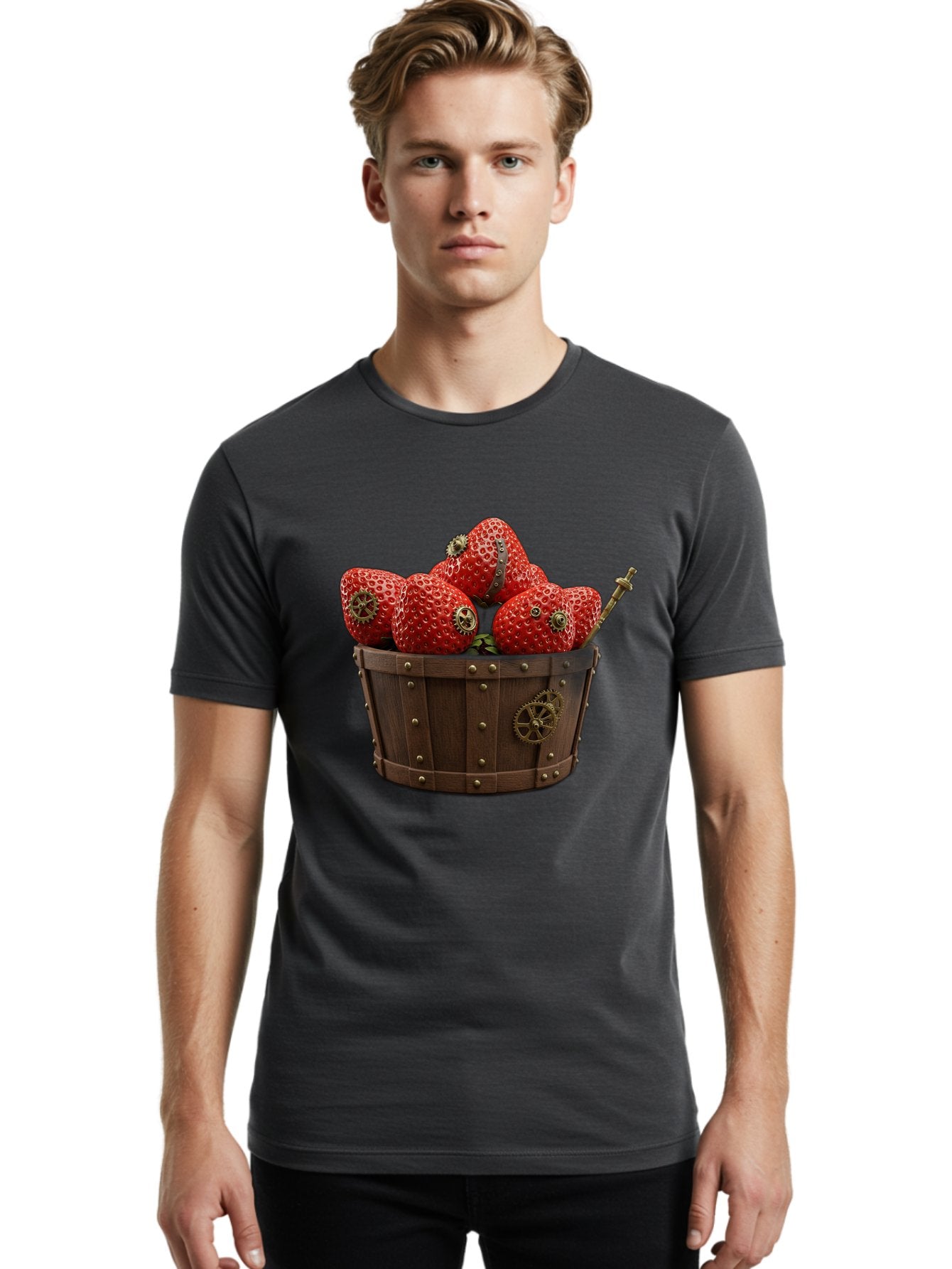 Steampunk-Strawberries Men'S Graphic Tee, 100% Cotton, Comfortable Casual Summer Wear, Machine Washable, Steampunk Strawberries, Mechanical Fruit, Wooden Basket, Gear Embellishments, Industrial Design, Vintage Aesthetic, Creative Concept, Bac455 24