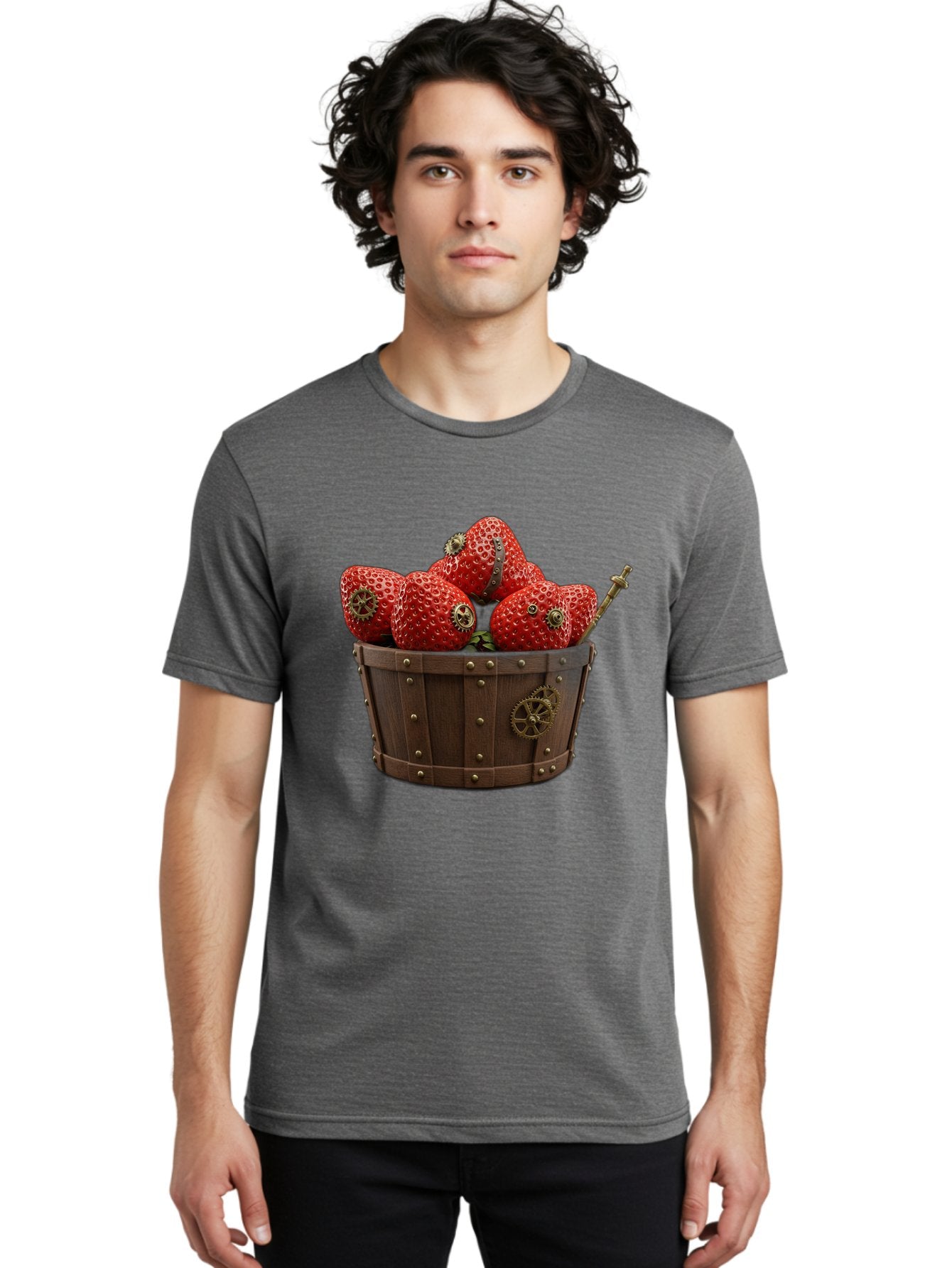 Steampunk-Strawberries Men'S Graphic Tee, 100% Cotton, Comfortable Casual Summer Wear, Machine Washable, Steampunk Strawberries, Mechanical Fruit, Wooden Basket, Gear Embellishments, Industrial Design, Vintage Aesthetic, Creative Concept, Bac455 25