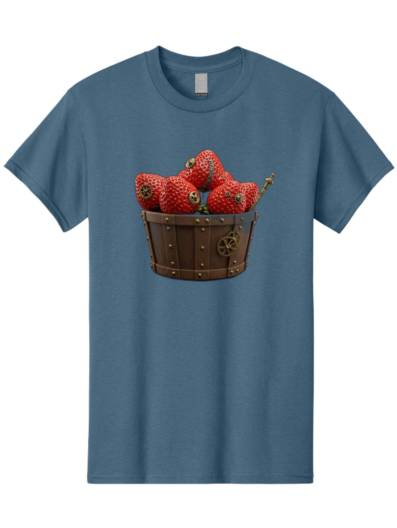 Steampunk-Strawberries Men'S Graphic Tee, 100% Cotton, Comfortable Casual Summer Wear, Machine Washable, Steampunk Strawberries, Mechanical Fruit, Wooden Basket, Gear Embellishments, Industrial Design, Vintage Aesthetic, Creative Concept, Bac455
