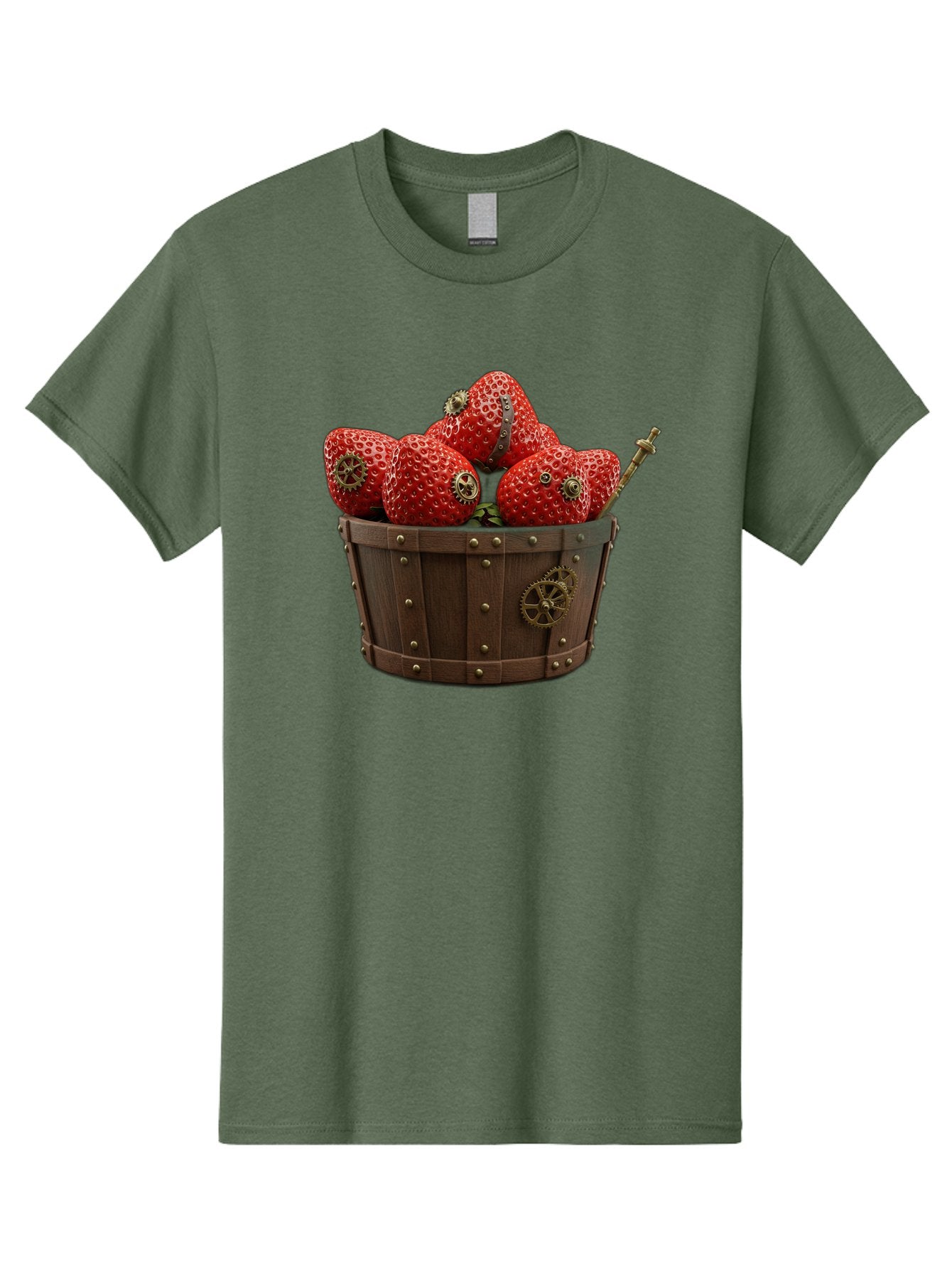 Steampunk-Strawberries Men'S Graphic Tee, 100% Cotton, Comfortable Casual Summer Wear, Machine Washable, Steampunk Strawberries, Mechanical Fruit, Wooden Basket, Gear Embellishments, Industrial Design, Vintage Aesthetic, Creative Concept, Bac455 15