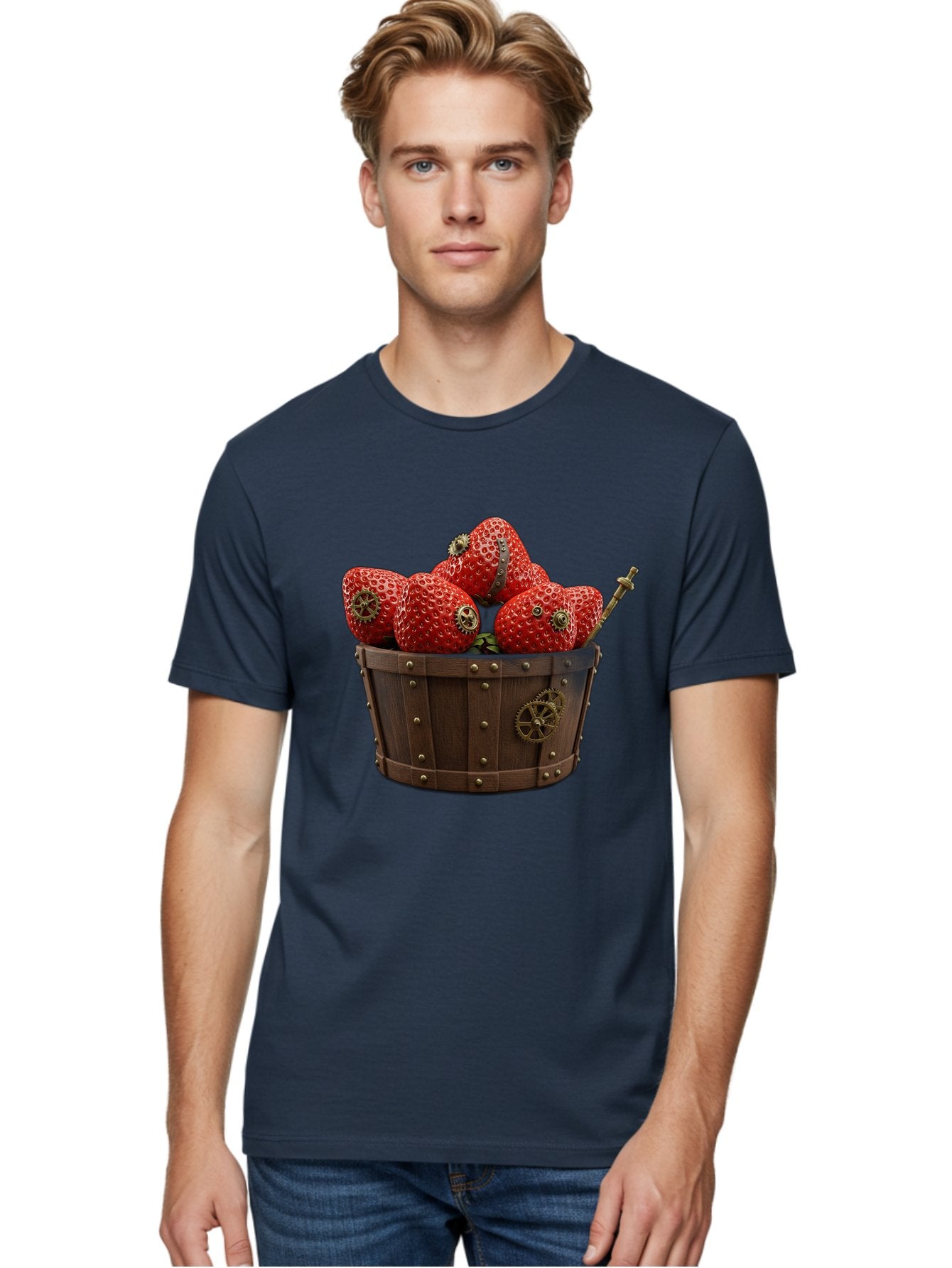 Steampunk-Strawberries Men'S Graphic Tee, 100% Cotton, Comfortable Casual Summer Wear, Machine Washable, Steampunk Strawberries, Mechanical Fruit, Wooden Basket, Gear Embellishments, Industrial Design, Vintage Aesthetic, Creative Concept, Bac455 28
