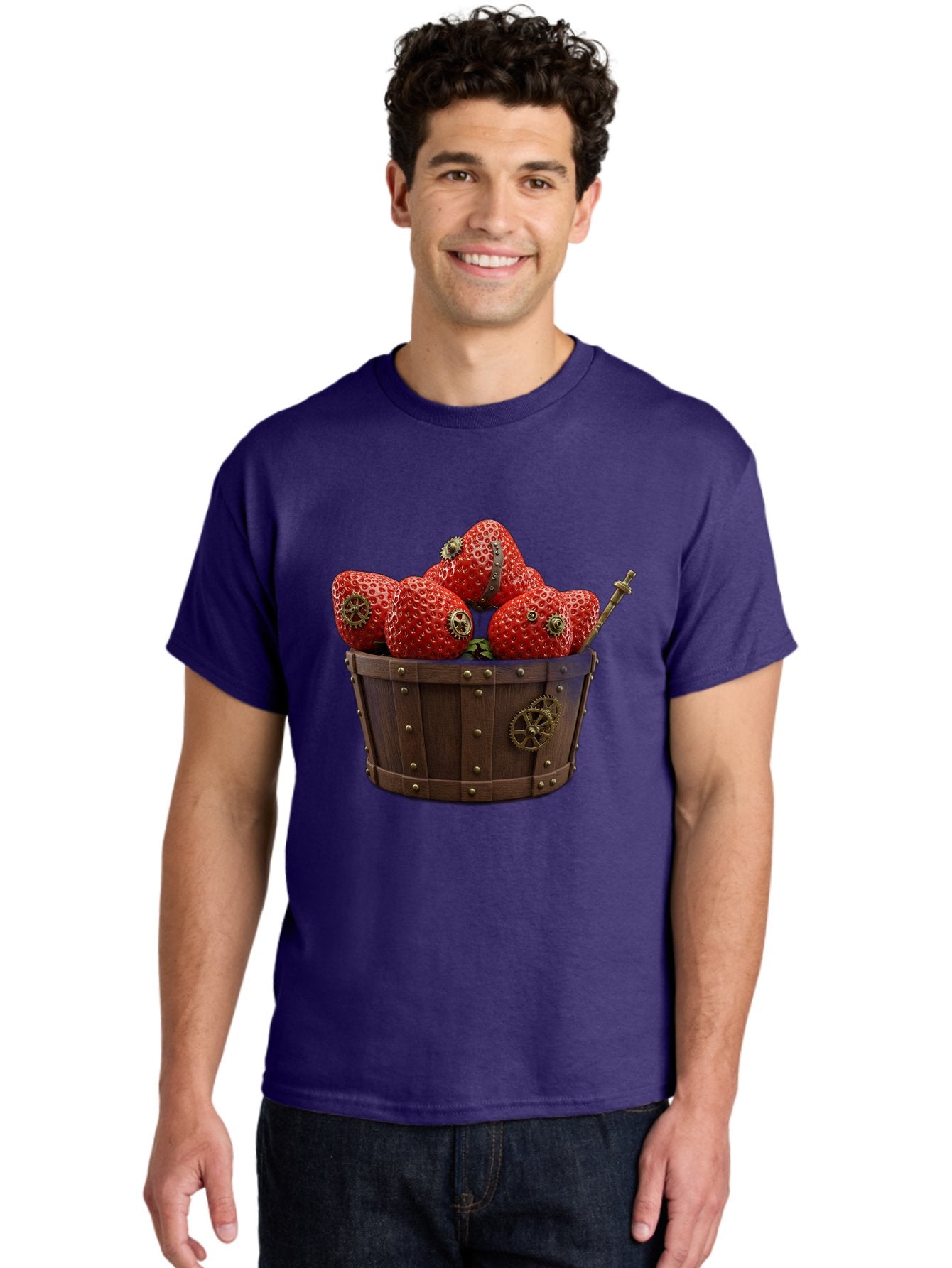Steampunk-Strawberries Men'S Graphic Tee, 100% Cotton, Comfortable Casual Summer Wear, Machine Washable, Steampunk Strawberries, Mechanical Fruit, Wooden Basket, Gear Embellishments, Industrial Design, Vintage Aesthetic, Creative Concept, Bac455 23
