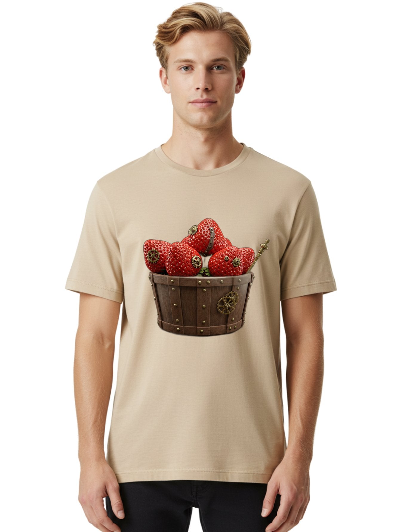Steampunk-Strawberries Men'S Graphic Tee, 100% Cotton, Comfortable Casual Summer Wear, Machine Washable, Steampunk Strawberries, Mechanical Fruit, Wooden Basket, Gear Embellishments, Industrial Design, Vintage Aesthetic, Creative Concept, Bac455 17