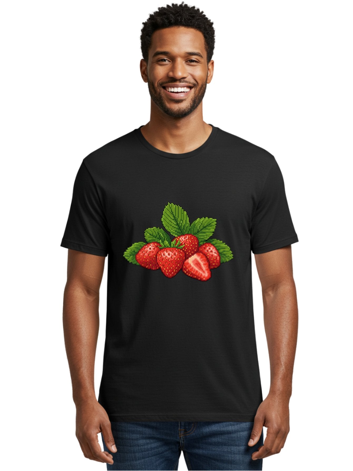 Strawberries-1 Men'S Graphic Tee, 100% Cotton, Comfortable Casual Summer Wear, Machine Washable, Five Red Strawberries, Strawberry Cut In Half, Green Leaves, Pixel Art, Fresh Fruit, Summer Harvest, Sweet Treats, Ripe Strawberries Bac456 25