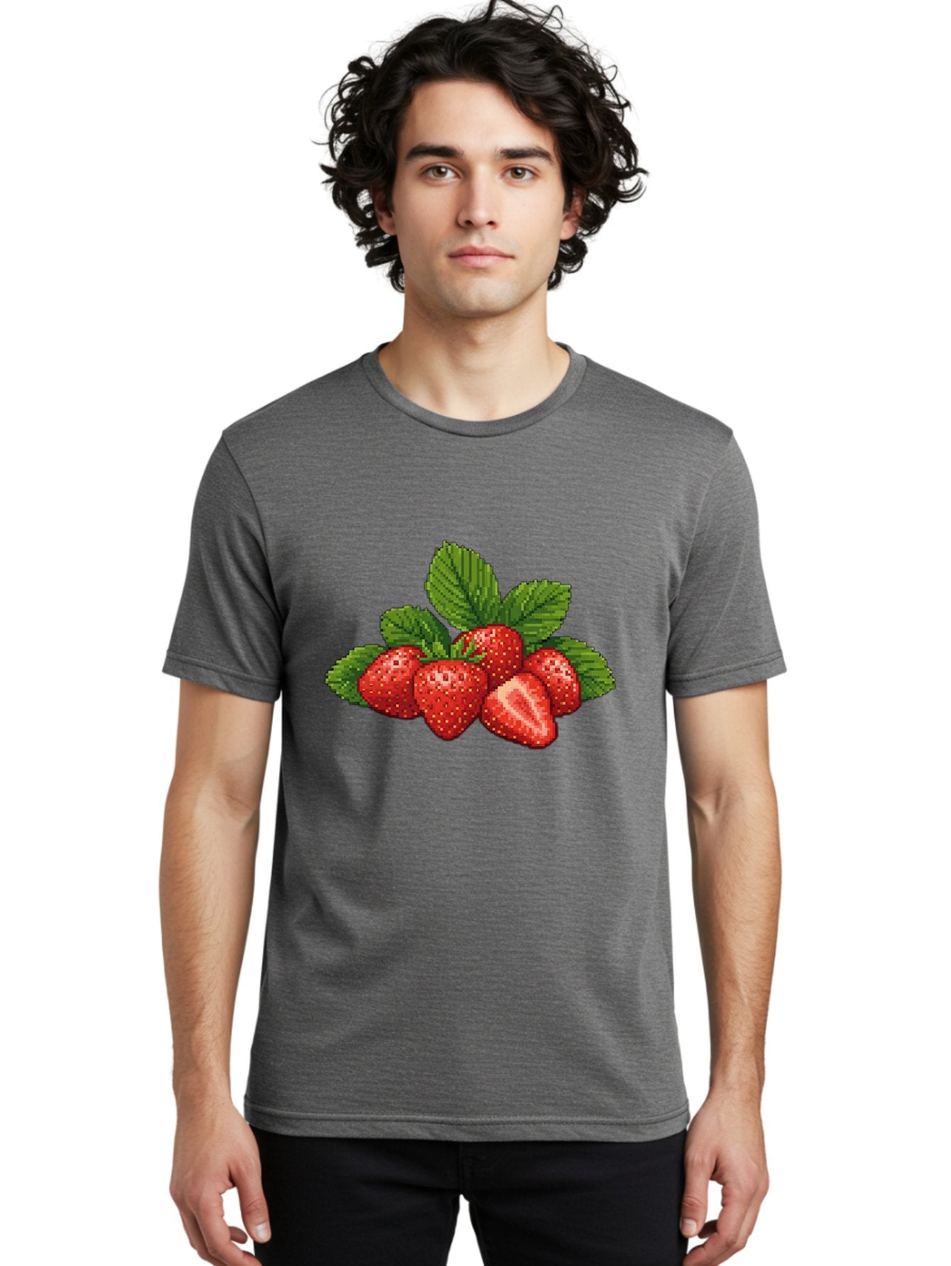 Strawberries-1 Men'S Graphic Tee, 100% Cotton, Comfortable Casual Summer Wear, Machine Washable, Five Red Strawberries, Strawberry Cut In Half, Green Leaves, Pixel Art, Fresh Fruit, Summer Harvest, Sweet Treats, Ripe Strawberries Bac456 17