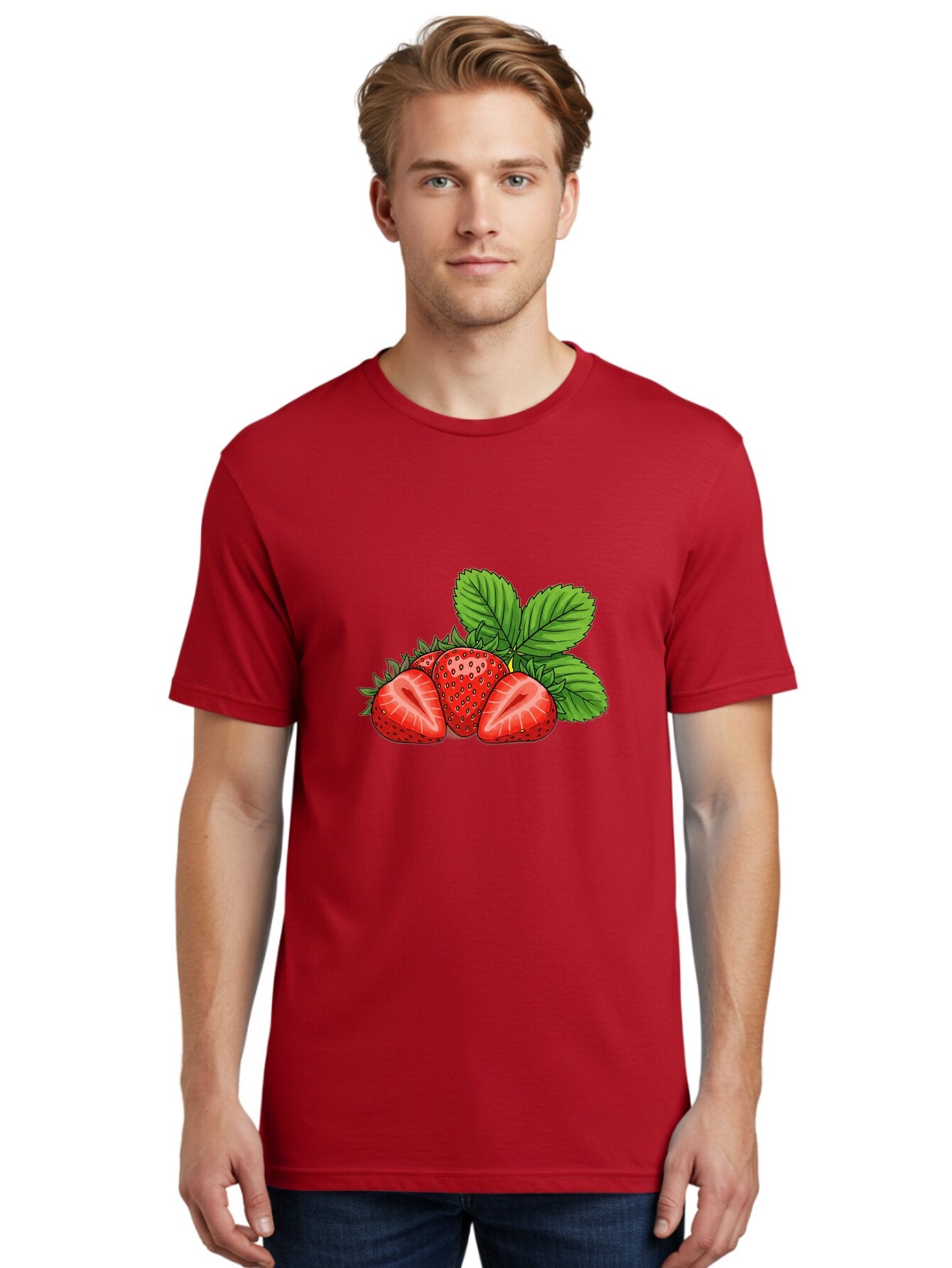 Strawberries-2 Men'S Graphic Tee, 100% Cotton, Comfortable Casual Summer Wear, Machine Washable, Strawberries With Leaves, Fresh Fruit, Vibrant Red Color, Organic Produce, Healthy Snack, Summer Fruits, Sweet Strawberries, Ripe Strawberries Bac457 17