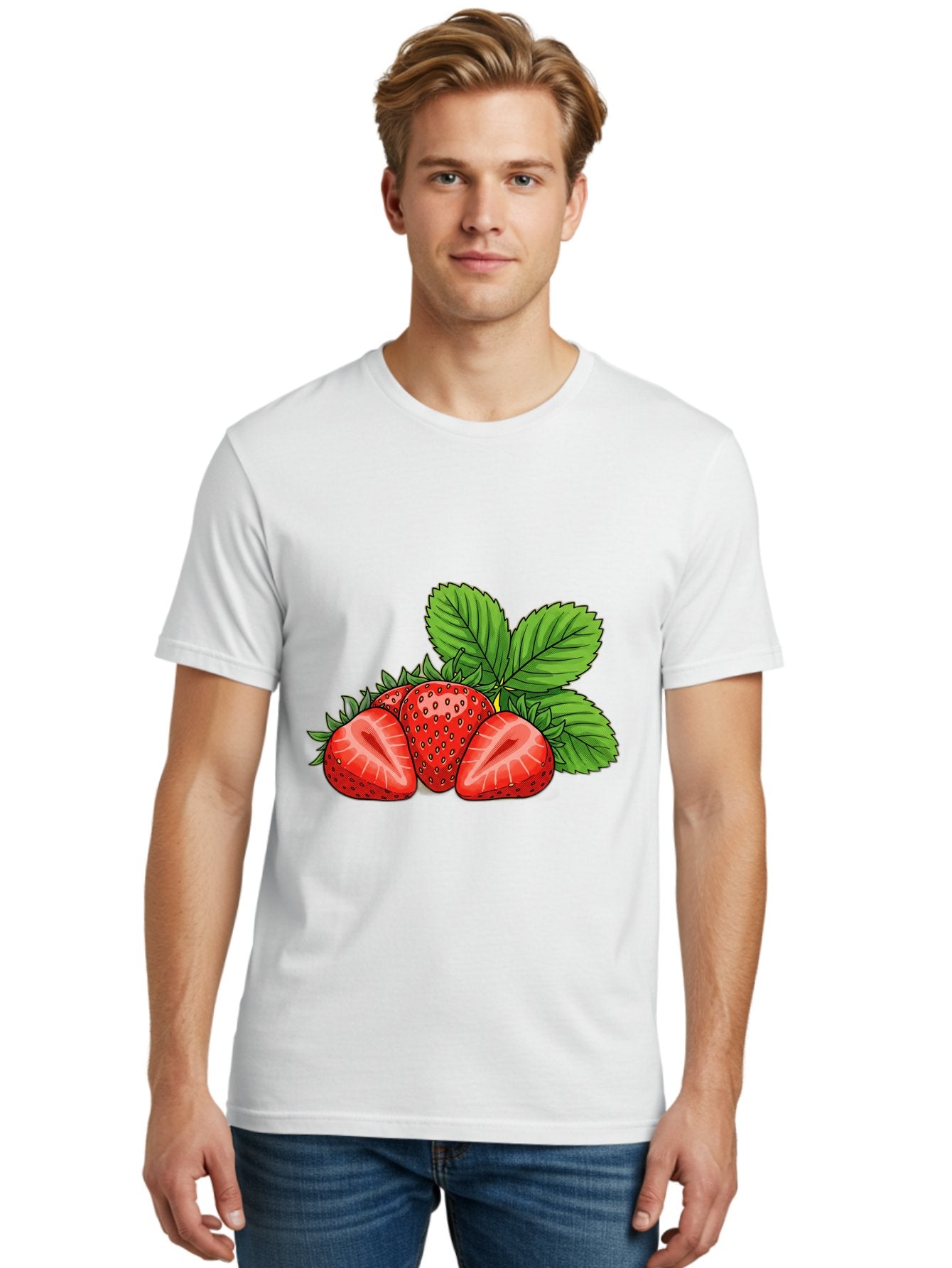 Strawberries-2 Men'S Graphic Tee, 100% Cotton, Comfortable Casual Summer Wear, Machine Washable, Strawberries With Leaves, Fresh Fruit, Vibrant Red Color, Organic Produce, Healthy Snack, Summer Fruits, Sweet Strawberries, Ripe Strawberries Bac457 16