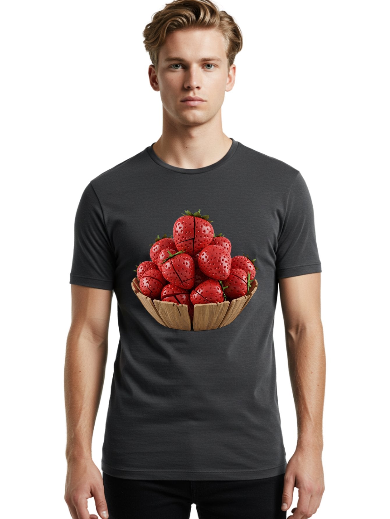Strawberries-3 Men'S Graphic Tee, 100% Cotton, Comfortable Casual Summer Wear, Machine Washable, Fresh Strawberries, Ripe Fruit, Sweet Treats, Healthy Snack, Red Berries, Green Leaves, Eco-Friendly Packaging, Paper Bowl, Cut Strawberries, Bac458 17