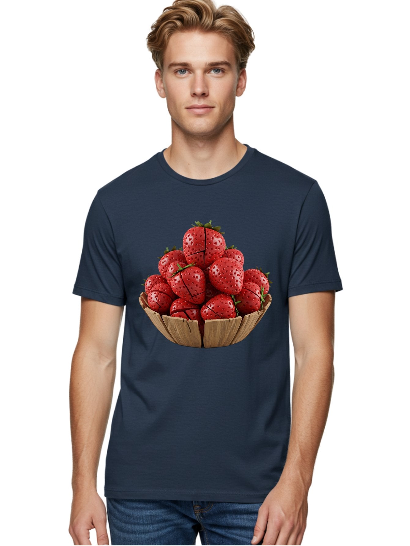 Strawberries-3 Men'S Graphic Tee, 100% Cotton, Comfortable Casual Summer Wear, Machine Washable, Fresh Strawberries, Ripe Fruit, Sweet Treats, Healthy Snack, Red Berries, Green Leaves, Eco-Friendly Packaging, Paper Bowl, Cut Strawberries, Bac458 25
