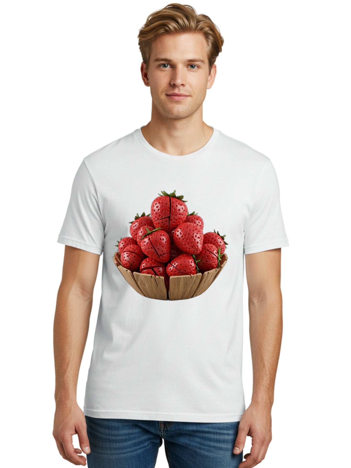 Strawberries-3 Men'S Graphic Tee, 100% Cotton, Comfortable Casual Summer Wear, Machine Washable, Fresh Strawberries, Ripe Fruit, Sweet Treats, Healthy Snack, Red Berries, Green Leaves, Eco-Friendly Packaging, Paper Bowl, Cut Strawberries, Bac458 28