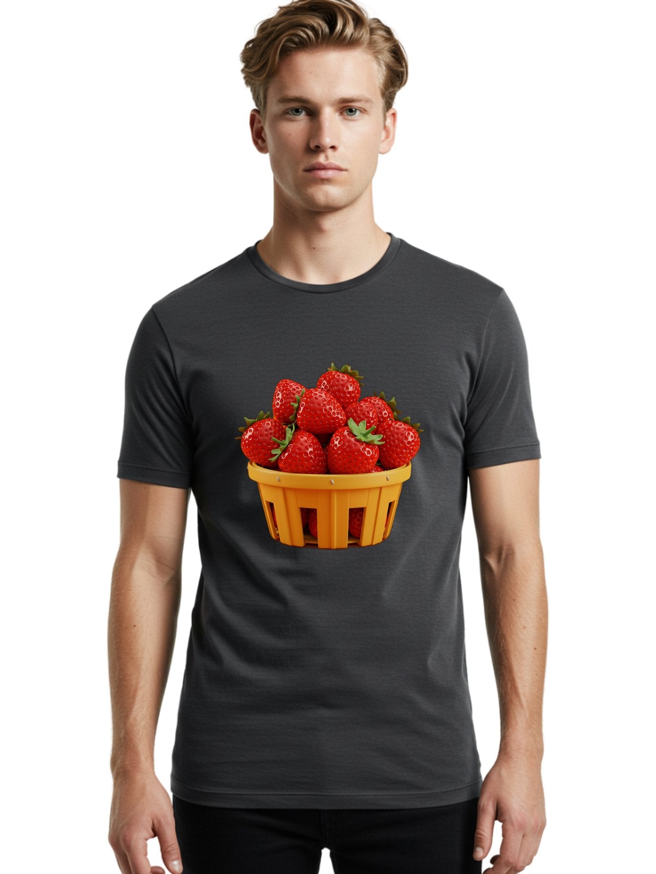 Strawberries-In-A-Yellow-Basket Men'S Graphic Tee, 100% Cotton, Comfortable Casual Summer Wear, Machine Washable, Basket Of Strawberries, Fresh Strawberries, Ripe Strawberries, Summer Fruits, Healthy Snack, Vibrant Red Strawberries, Bac459 25