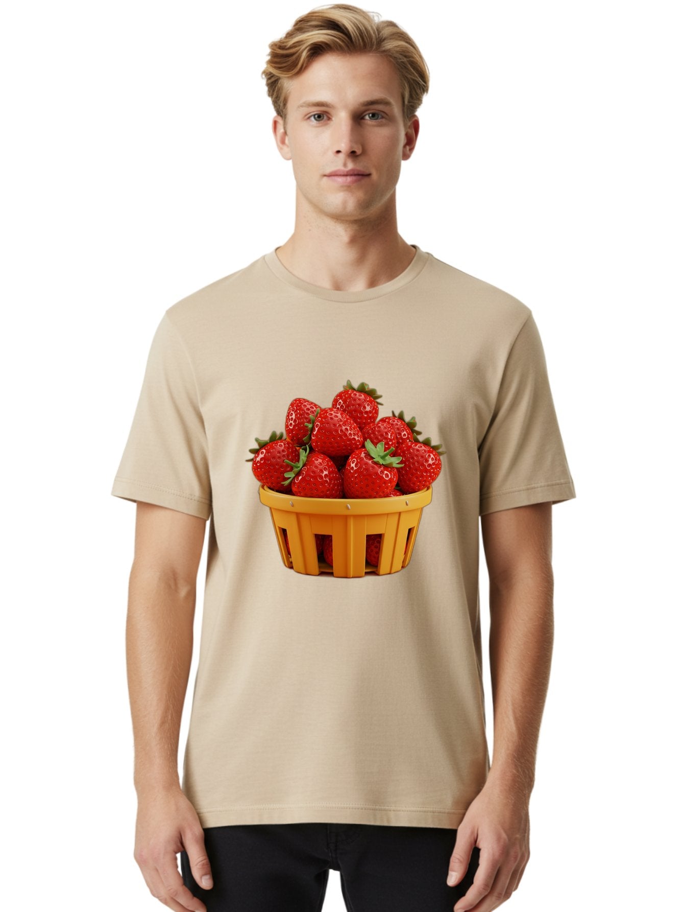 Strawberries-In-A-Yellow-Basket Men'S Graphic Tee, 100% Cotton, Comfortable Casual Summer Wear, Machine Washable, Basket Of Strawberries, Fresh Strawberries, Ripe Strawberries, Summer Fruits, Healthy Snack, Vibrant Red Strawberries, Bac459 22