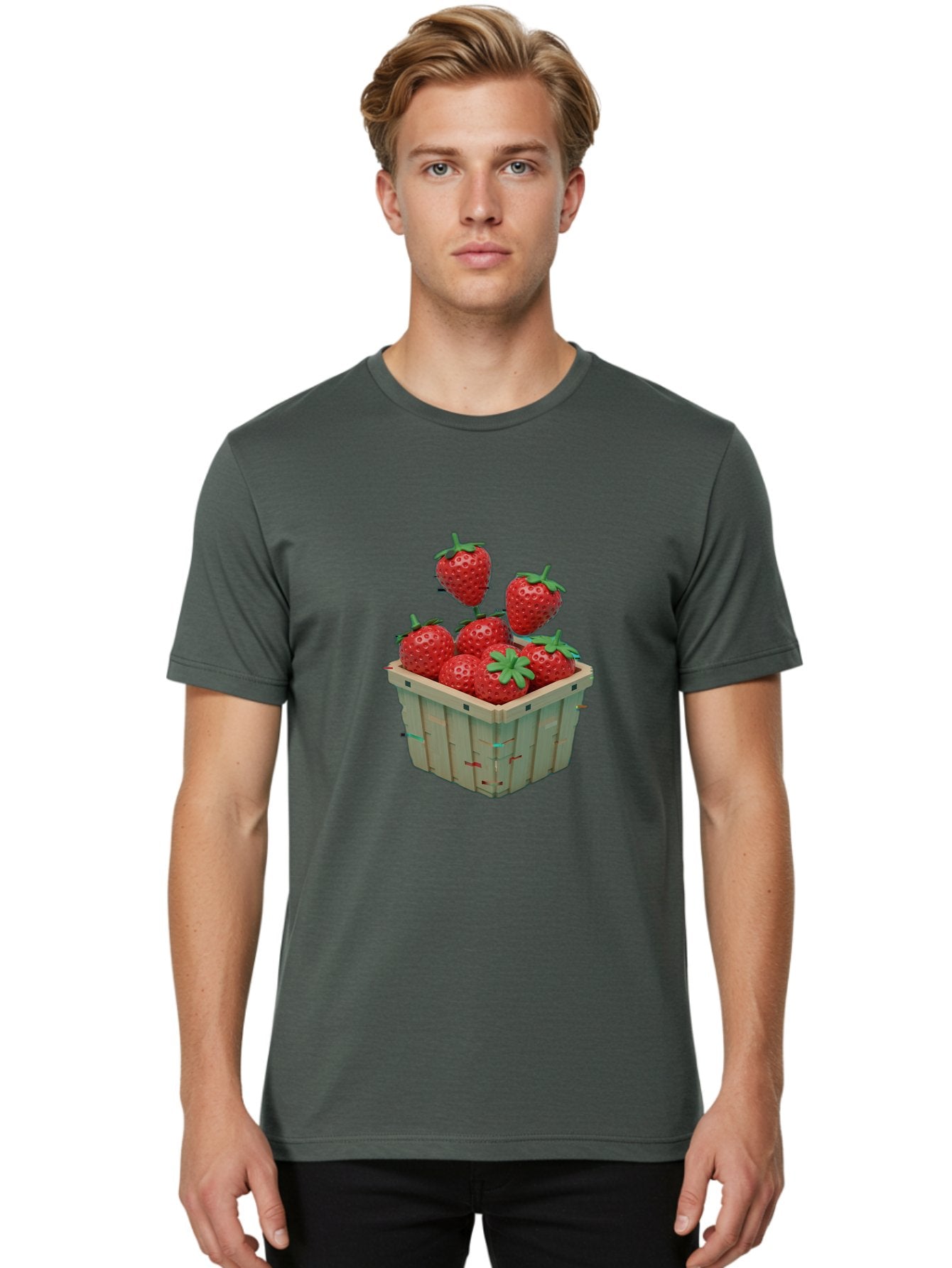 Strawberries-In-Basket Men'S Graphic Tee, 100% Cotton, Comfortable Casual Summer Wear, Machine Washable, Strawberries In Wooden Basket, Fresh Strawberries, Ripe Fruits, Healthy Snack, Basket Full Of Strawberries, Sweet Treats, Summer Fruits Bac460 20