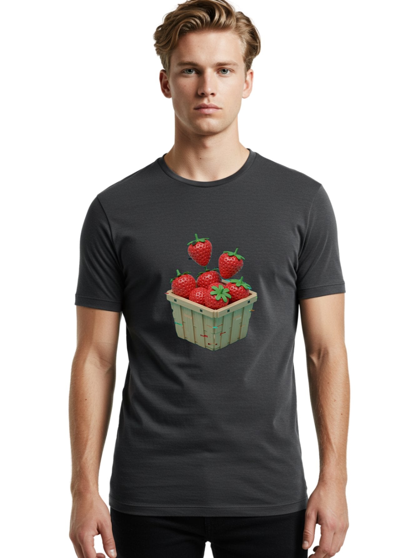 Strawberries-In-Basket Men'S Graphic Tee, 100% Cotton, Comfortable Casual Summer Wear, Machine Washable, Strawberries In Wooden Basket, Fresh Strawberries, Ripe Fruits, Healthy Snack, Basket Full Of Strawberries, Sweet Treats, Summer Fruits Bac460 24