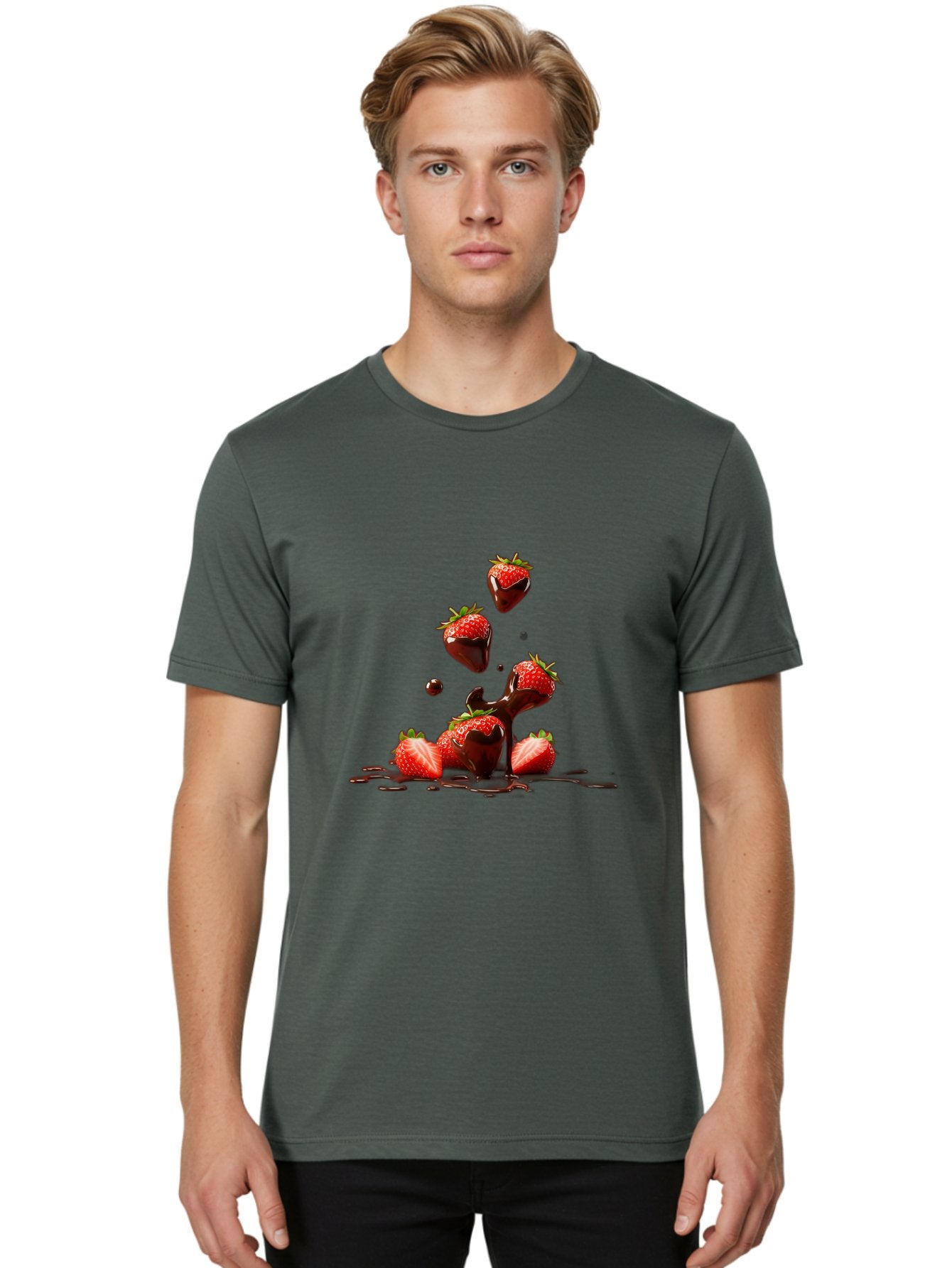 Strawberries-With-Chocolate Men'S Graphic Tee, 100% Cotton, Comfortable Casual Summer Wear, Machine Washable, Strawberries, Chocolate Sauce, Fresh Fruit, Dessert, Sweet Treats, Indulgent Delights, Ripe Strawberries, Chocolatey Goodness, Bac461 22
