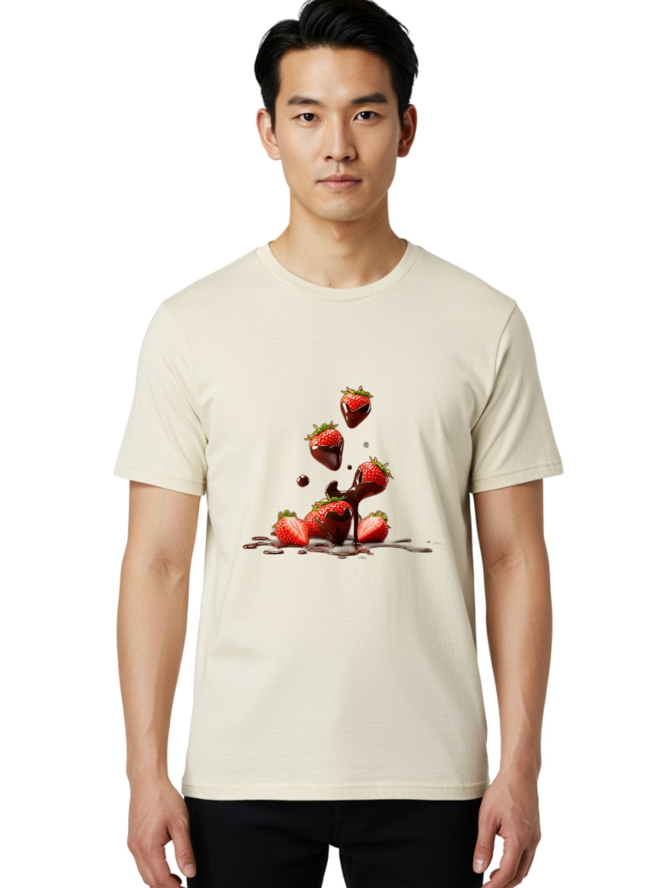 Strawberries-With-Chocolate Men'S Graphic Tee, 100% Cotton, Comfortable Casual Summer Wear, Machine Washable, Strawberries, Chocolate Sauce, Fresh Fruit, Dessert, Sweet Treats, Indulgent Delights, Ripe Strawberries, Chocolatey Goodness, Bac461 24