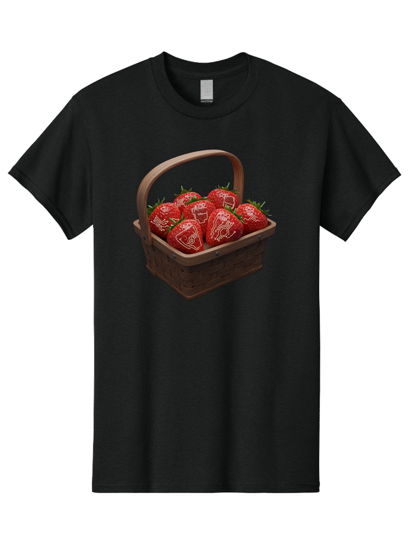 Strawberries-With-Robot-Faces Men'S Graphic Tee, 100% Cotton, Comfortable Casual Summer Wear, Machine Washable, Strawberries With Diagrams, Technical Drawings On Fruit, Wooden Basket, Fresh Strawberries, Technical Illustrations, Bac462 11