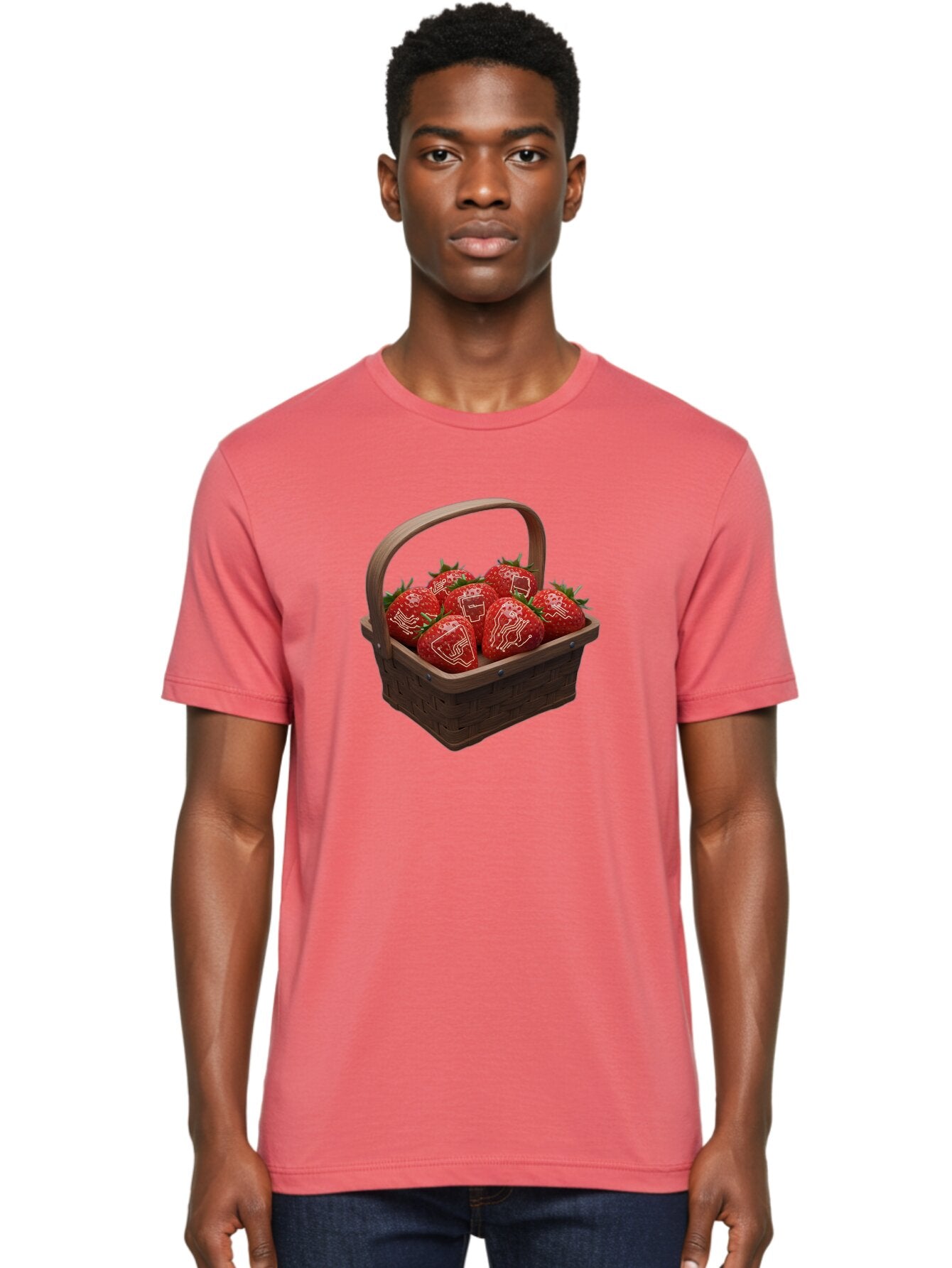 Strawberries-With-Robot-Faces Men'S Graphic Tee, 100% Cotton, Comfortable Casual Summer Wear, Machine Washable, Strawberries With Diagrams, Technical Drawings On Fruit, Wooden Basket, Fresh Strawberries, Technical Illustrations, Bac462 26