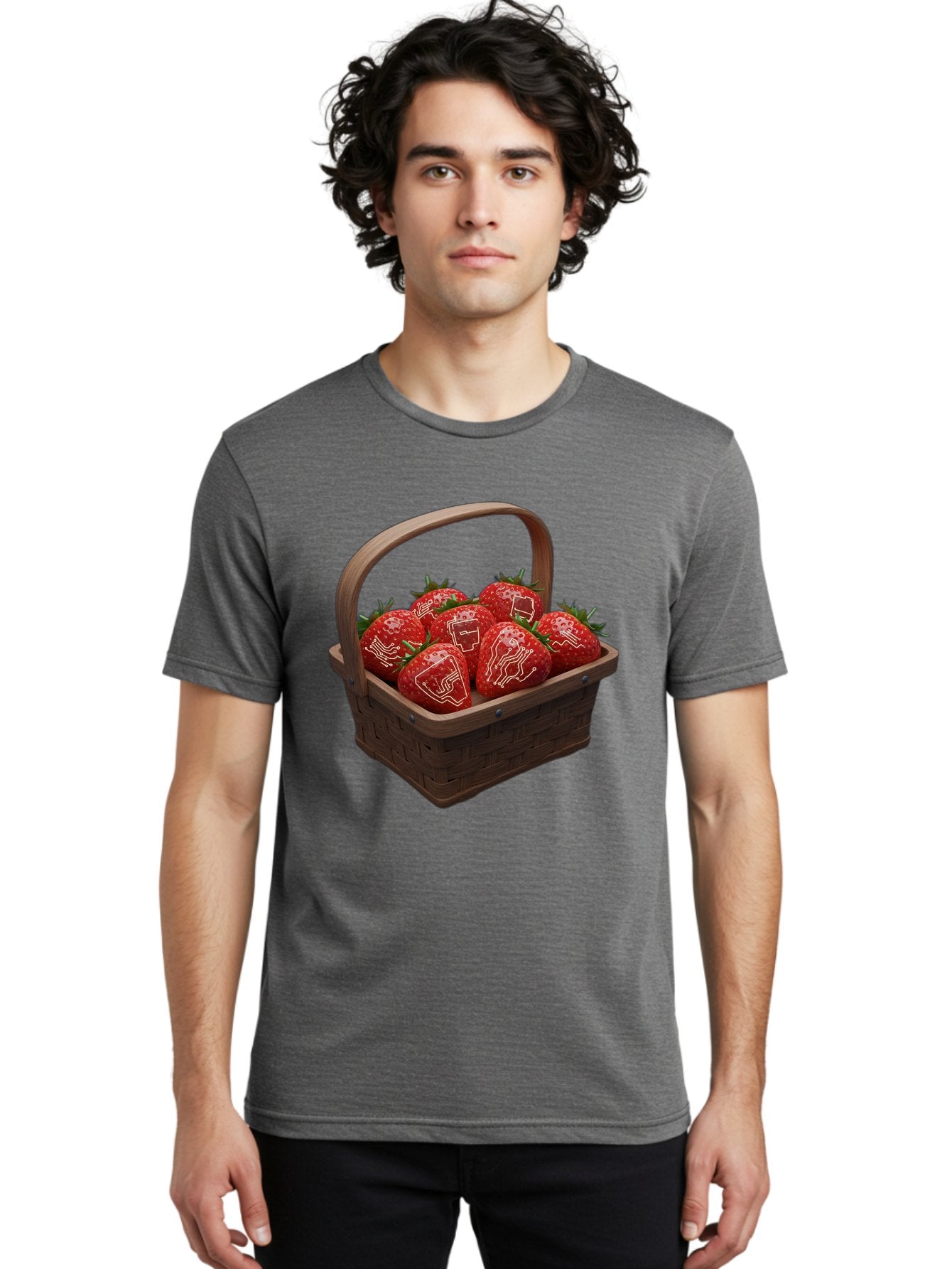 Strawberries-With-Robot-Faces Men'S Graphic Tee, 100% Cotton, Comfortable Casual Summer Wear, Machine Washable, Strawberries With Diagrams, Technical Drawings On Fruit, Wooden Basket, Fresh Strawberries, Technical Illustrations, Bac462 23
