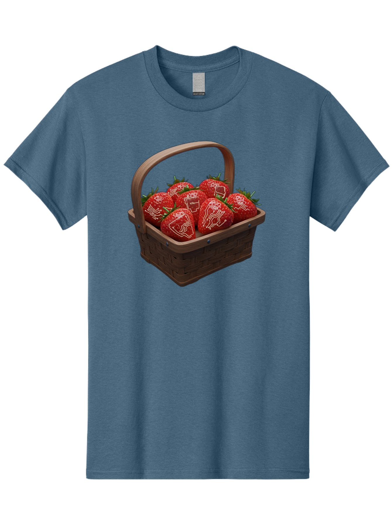 Strawberries-With-Robot-Faces Men'S Graphic Tee, 100% Cotton, Comfortable Casual Summer Wear, Machine Washable, Strawberries With Diagrams, Technical Drawings On Fruit, Wooden Basket, Fresh Strawberries, Technical Illustrations, Bac462 13