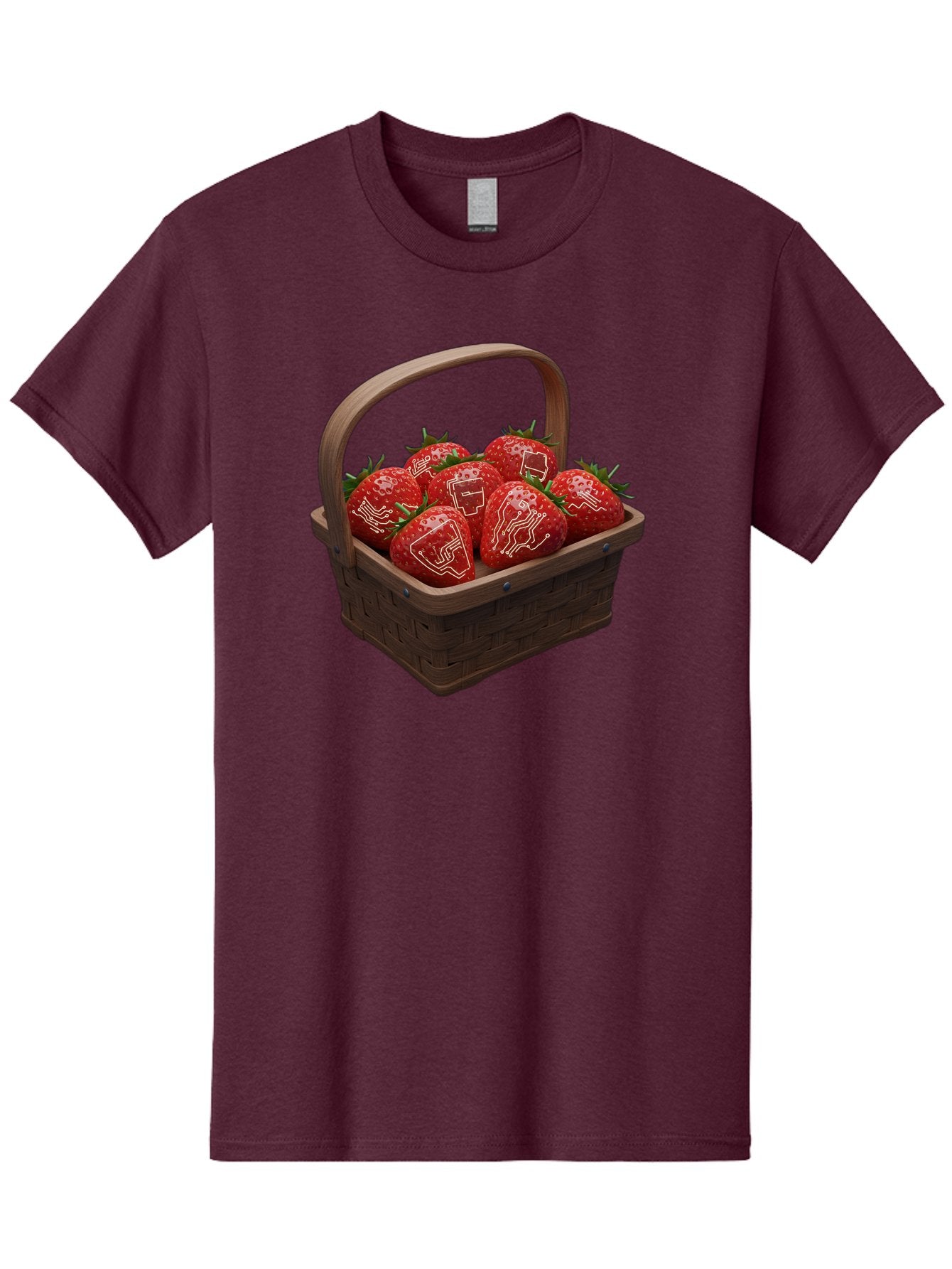 Strawberries-With-Robot-Faces Men'S Graphic Tee, 100% Cotton, Comfortable Casual Summer Wear, Machine Washable, Strawberries With Diagrams, Technical Drawings On Fruit, Wooden Basket, Fresh Strawberries, Technical Illustrations, Bac462