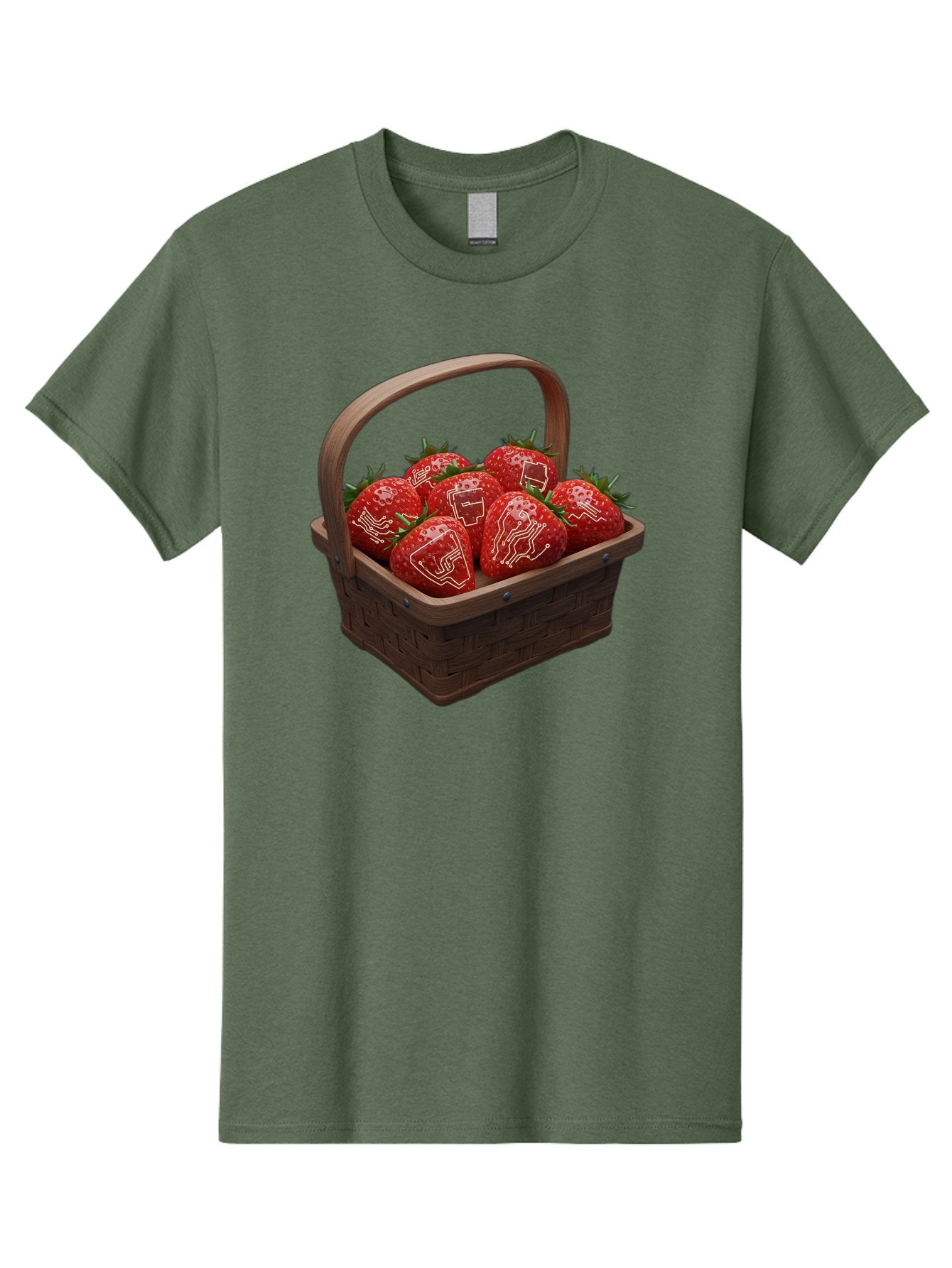 Strawberries-With-Robot-Faces Men'S Graphic Tee, 100% Cotton, Comfortable Casual Summer Wear, Machine Washable, Strawberries With Diagrams, Technical Drawings On Fruit, Wooden Basket, Fresh Strawberries, Technical Illustrations, Bac462