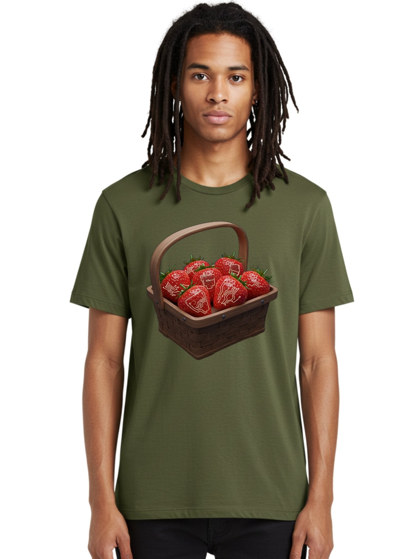 Strawberries-With-Robot-Faces Men'S Graphic Tee, 100% Cotton, Comfortable Casual Summer Wear, Machine Washable, Strawberries With Diagrams, Technical Drawings On Fruit, Wooden Basket, Fresh Strawberries, Technical Illustrations, Bac462 21