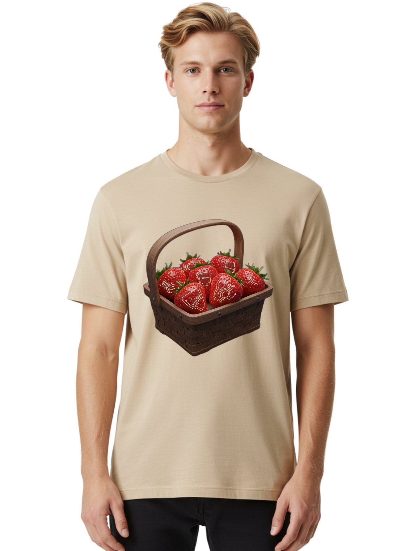 Strawberries-With-Robot-Faces Men'S Graphic Tee, 100% Cotton, Comfortable Casual Summer Wear, Machine Washable, Strawberries With Diagrams, Technical Drawings On Fruit, Wooden Basket, Fresh Strawberries, Technical Illustrations, Bac462 16