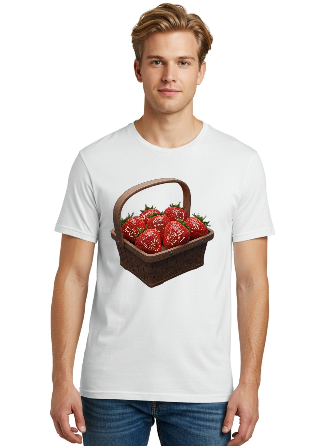 Strawberries-With-Robot-Faces Men'S Graphic Tee, 100% Cotton, Comfortable Casual Summer Wear, Machine Washable, Strawberries With Diagrams, Technical Drawings On Fruit, Wooden Basket, Fresh Strawberries, Technical Illustrations, Bac462 22
