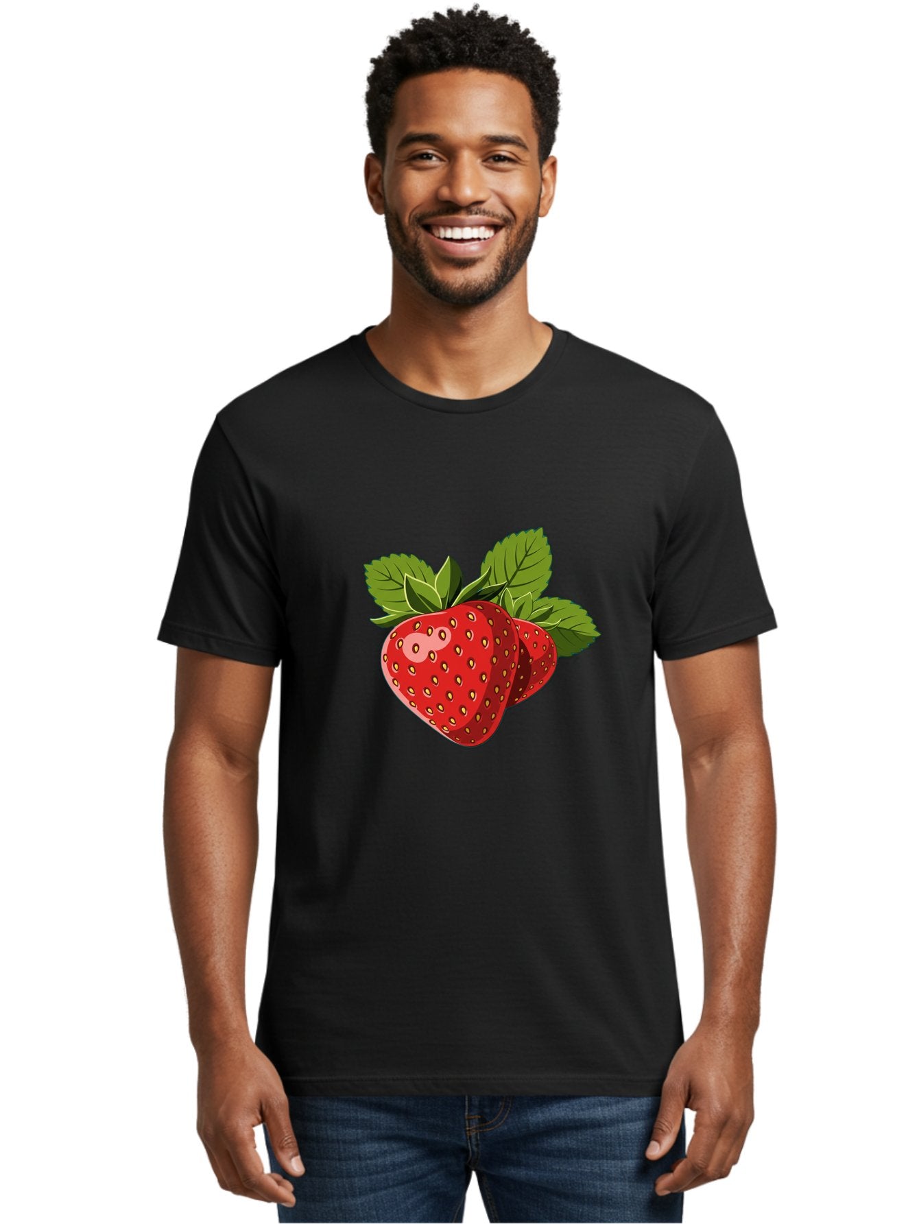 Strawberries Men'S Graphic Tee, 100% Cotton, Comfortable Casual Summer Wear, Machine Washable, Strawberries With Leaves, Fresh Fruit, Red Strawberries, Strawberry Illustration, Sweet Treats, Healthy Snacks, Green Leaves, Ripe Strawberries, Bac463 16