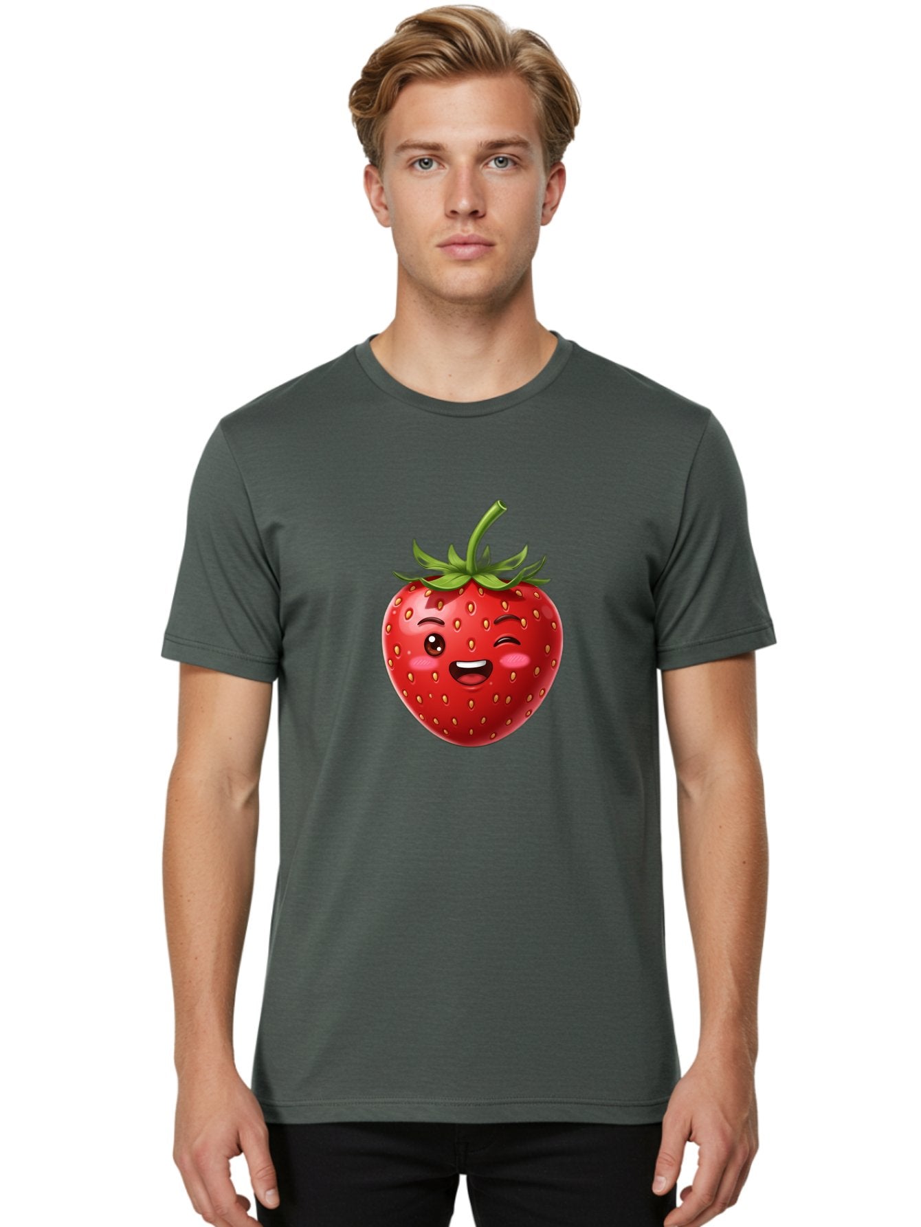 Strawberry-1 Men'S Graphic Tee, 100% Cotton, Comfortable Casual Summer Wear, Machine Washable, Winking Strawberry Emoji, Cartoon Strawberry, Funny Fruit, Red Strawberry, Smiling Face, Cute Character, Playful Emoji, Winking Face, Bac464 22