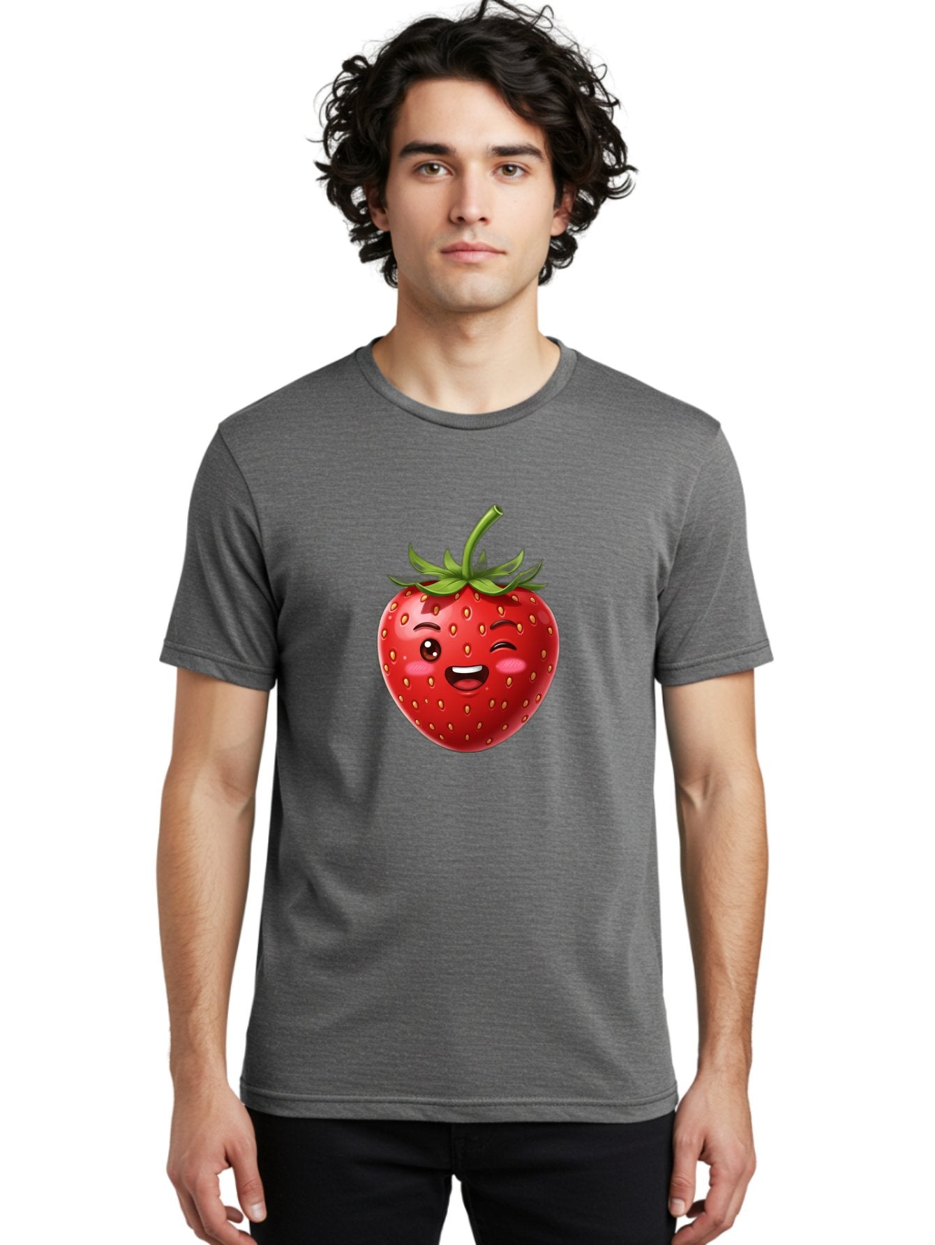 Strawberry-1 Men'S Graphic Tee, 100% Cotton, Comfortable Casual Summer Wear, Machine Washable, Winking Strawberry Emoji, Cartoon Strawberry, Funny Fruit, Red Strawberry, Smiling Face, Cute Character, Playful Emoji, Winking Face, Bac464 25