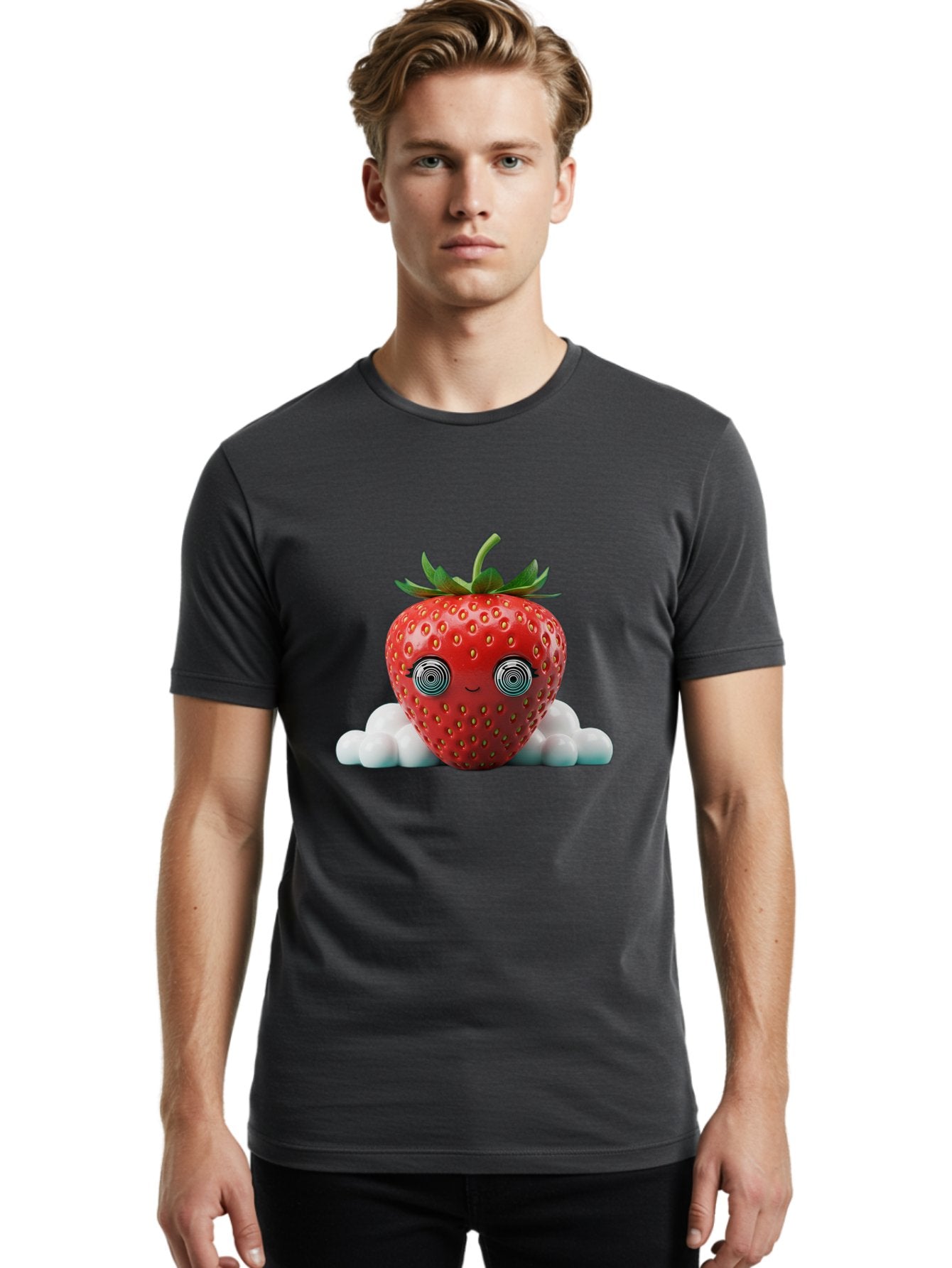 Strawberry-6 Men'S Graphic Tee, 100% Cotton, Comfortable Casual Summer Wear, Machine Washable, Cartoon Strawberry, Spiral Eyes, Cute Character, Sweet Fruit, Playful Design, Quirky Illustration, Fun And Vibrant, Summer Treat, Healthy Snack, Bac469 22
