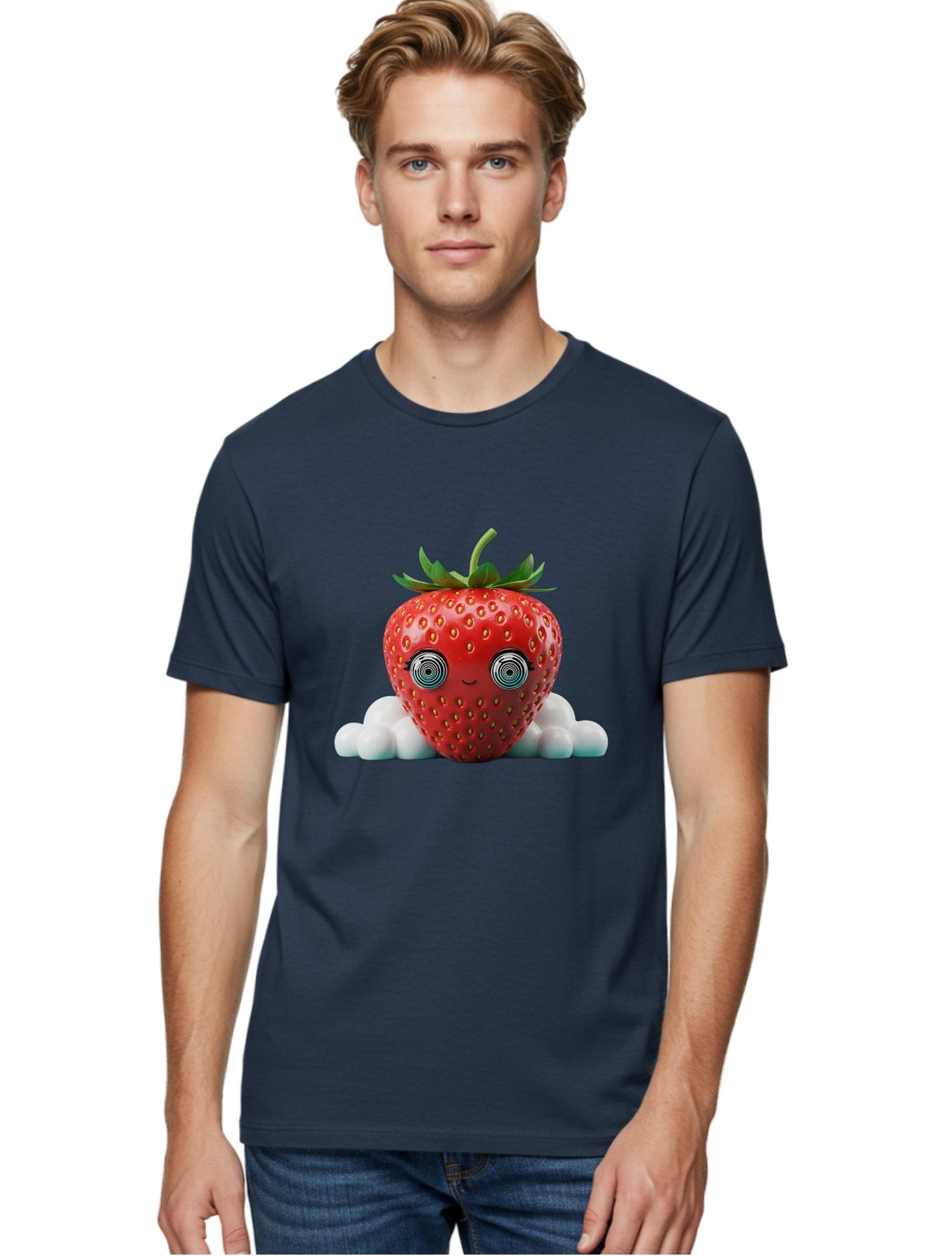 Strawberry-6 Men'S Graphic Tee, 100% Cotton, Comfortable Casual Summer Wear, Machine Washable, Cartoon Strawberry, Spiral Eyes, Cute Character, Sweet Fruit, Playful Design, Quirky Illustration, Fun And Vibrant, Summer Treat, Healthy Snack, Bac469 24