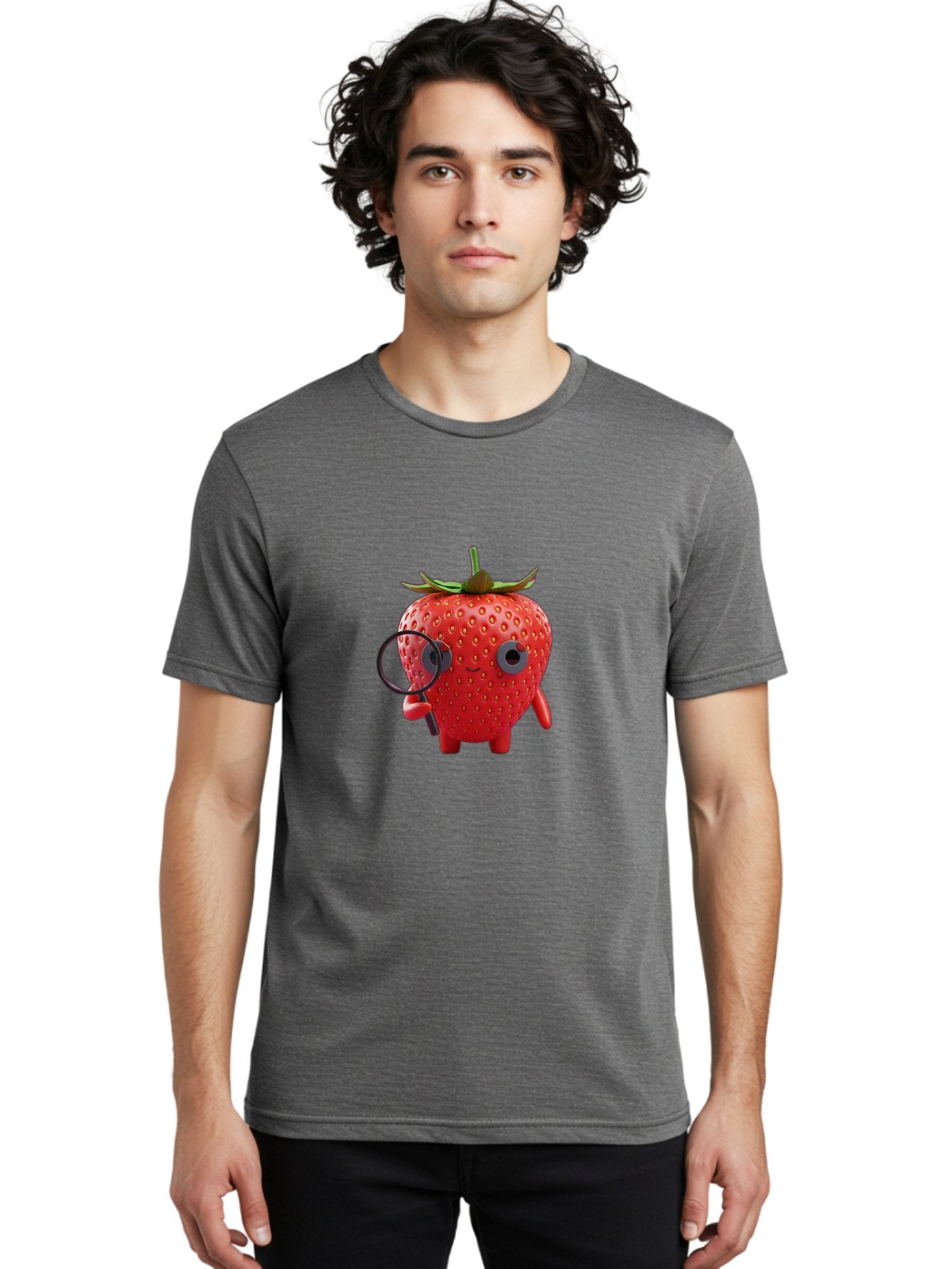 Strawberry-7 Men'S Graphic Tee, 100% Cotton, Comfortable Casual Summer Wear, Machine Washable, Cartoon Strawberry, Strawberry Character, Magnifying Glass, Investigation, Cute Illustration, Funny Fruit, Quirky Design, Red Strawberry, Bac470 17