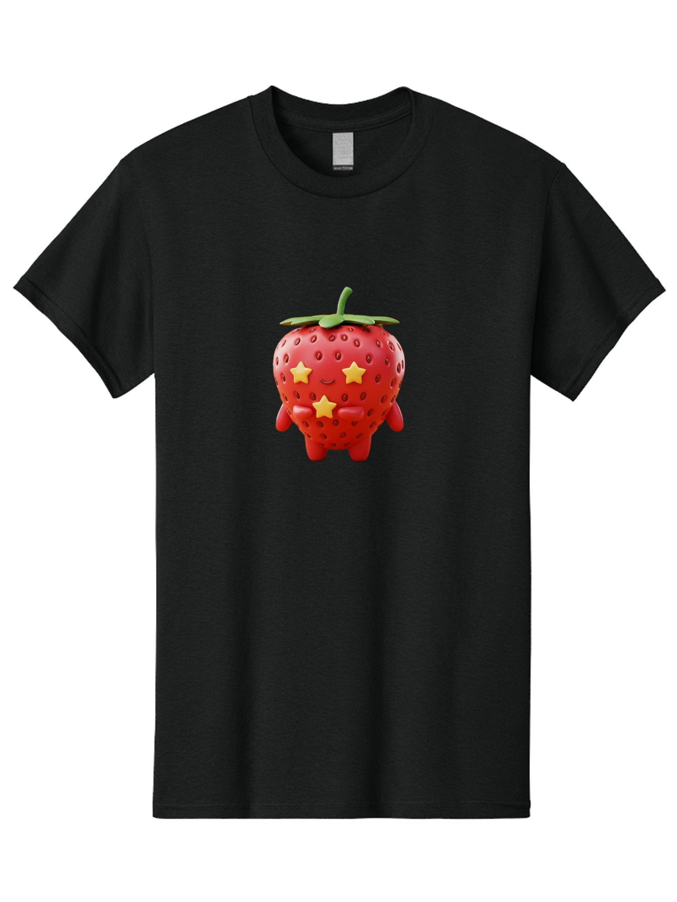 Strawberry-Character-1 Men'S Graphic Tee, 100% Cotton, Comfortable Casual Summer Wear, Machine Washable, Cartoon Strawberry, Cute Character, Smiling Face, Three Yellow Stars, Red Fruit, Green Leaf, Adorable Mascot, Fun Design, Bac472 5