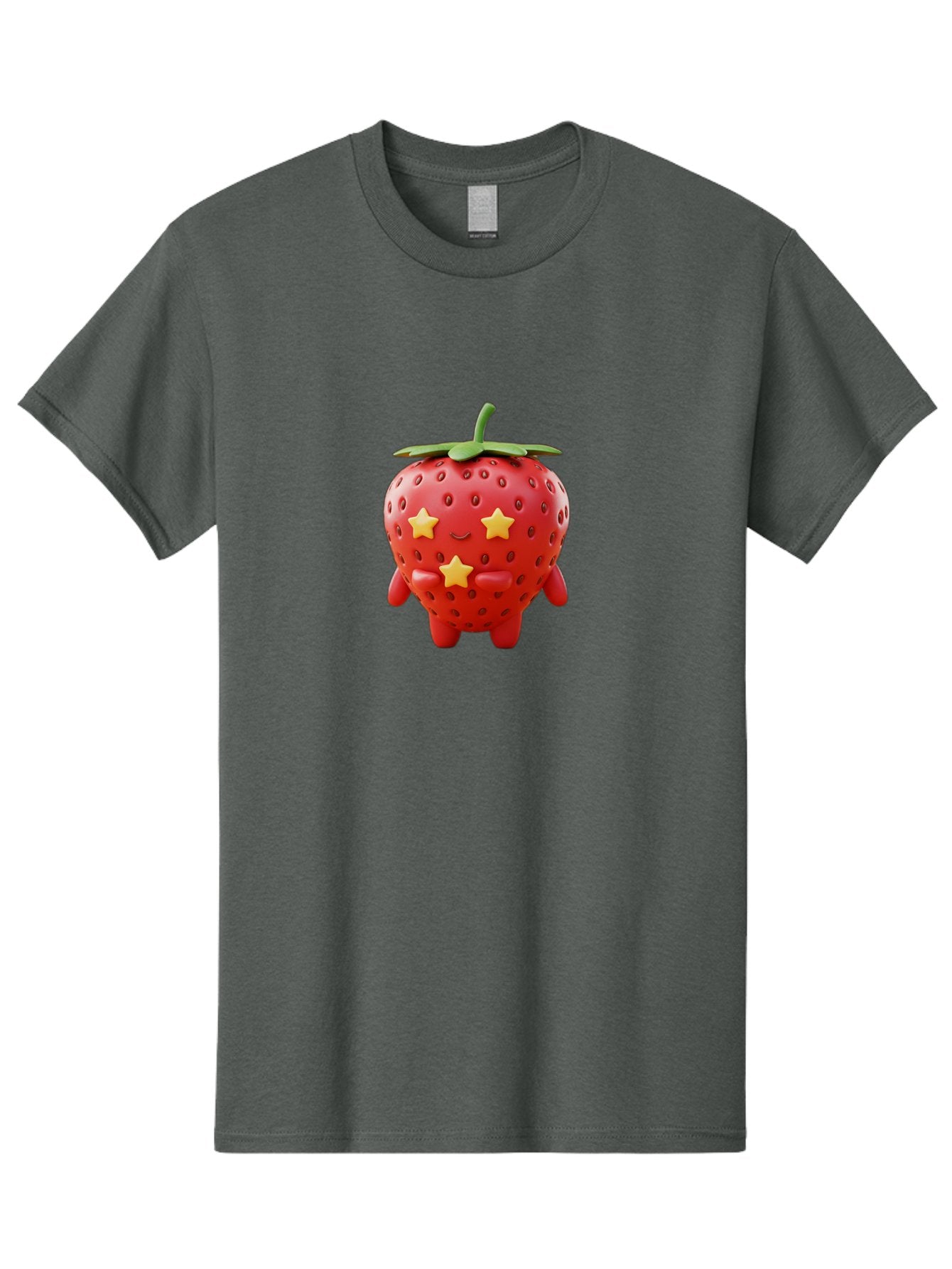 Strawberry-Character-1 Men'S Graphic Tee, 100% Cotton, Comfortable Casual Summer Wear, Machine Washable, Cartoon Strawberry, Cute Character, Smiling Face, Three Yellow Stars, Red Fruit, Green Leaf, Adorable Mascot, Fun Design, Bac472 8