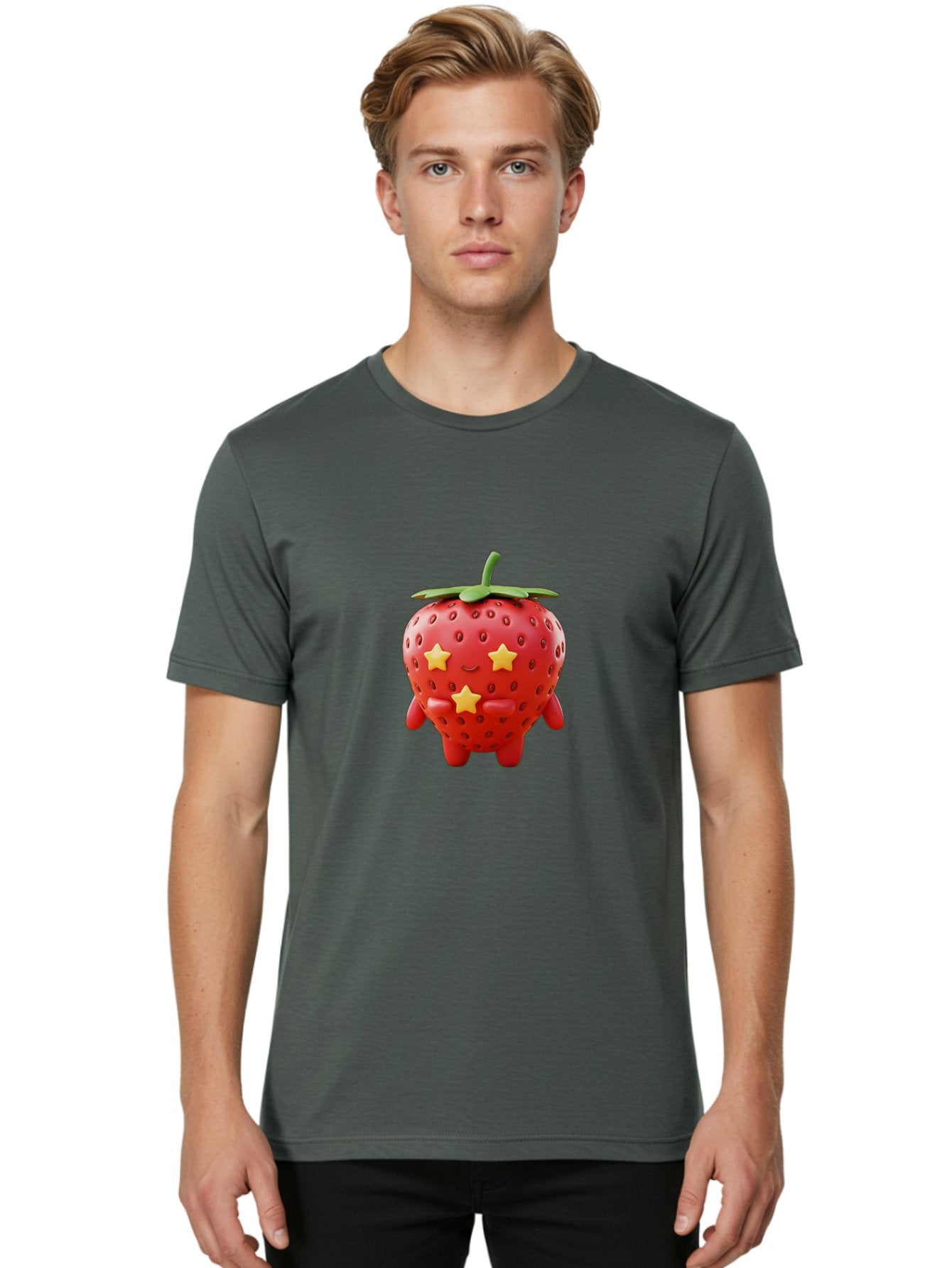 Strawberry-Character-1 Men'S Graphic Tee, 100% Cotton, Comfortable Casual Summer Wear, Machine Washable, Cartoon Strawberry, Cute Character, Smiling Face, Three Yellow Stars, Red Fruit, Green Leaf, Adorable Mascot, Fun Design, Bac472 25