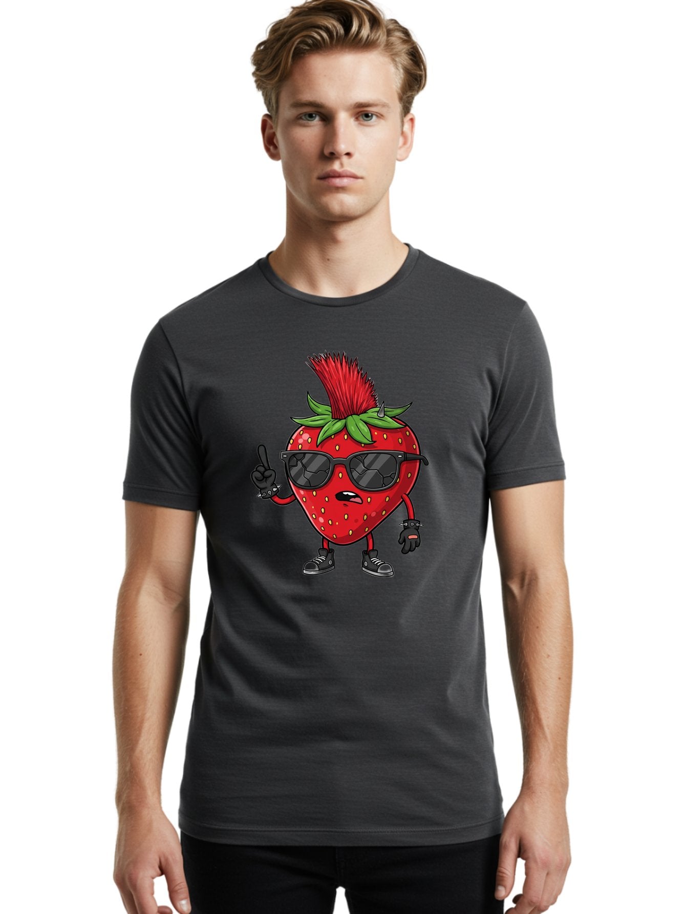 Strawberry-Character Men'S Graphic Tee, 100% Cotton, Comfortable Casual Summer Wear, Machine Washable, Cartoon Strawberry, Cool Strawberry Character, Sunglasses, Punk Rock Style, Fruit Character Design, Strawberry Mascot, Funny Strawberry, Bac473 30