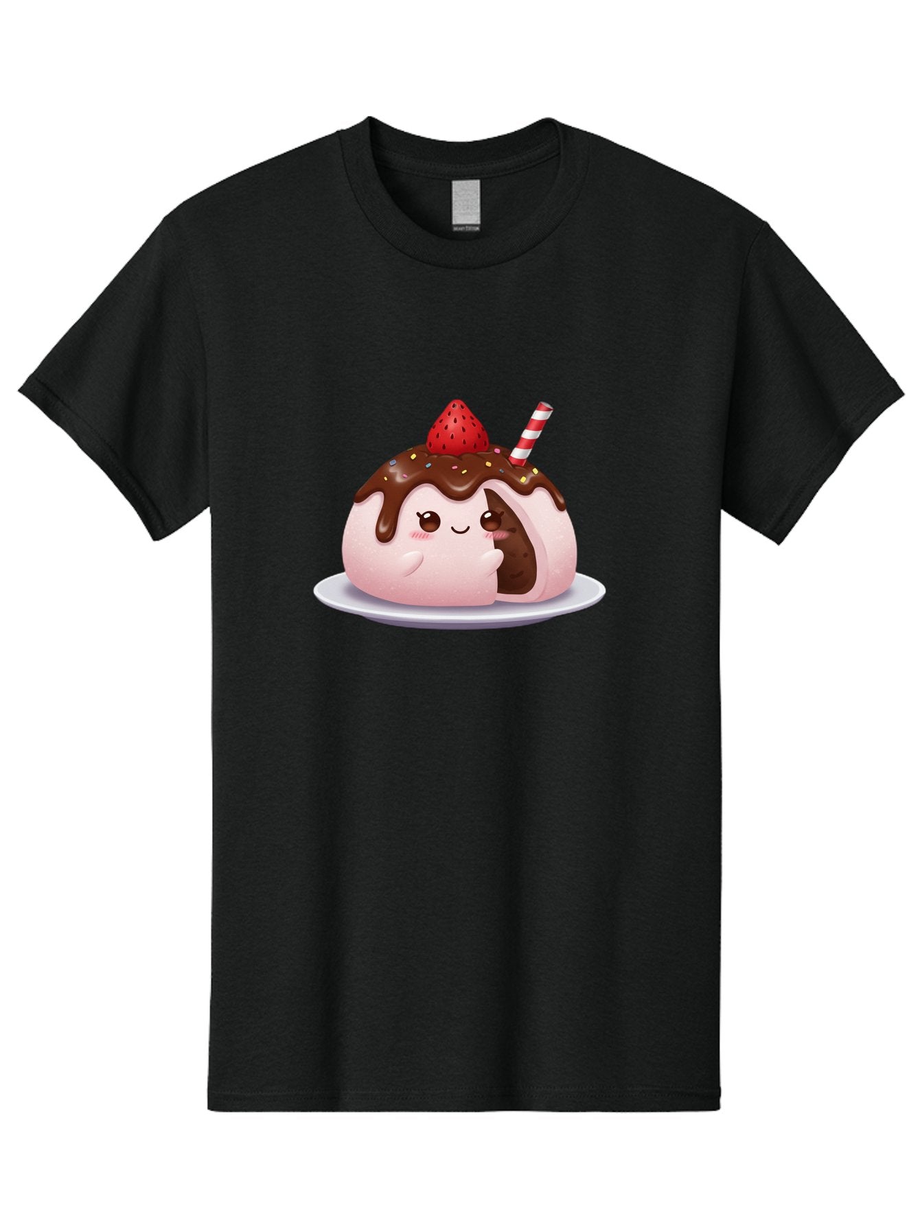 Strawberry-Donut Men'S Graphic Tee, 100% Cotton, Comfortable Casual Summer Wear, Machine Washable, Chocolate Donut, Strawberry Topping, Donut Character, Dessert, Sweet Treat, Chocolate Sauce, Sprinkles, Donut With Straw, Cute Dessert, Bac474 11