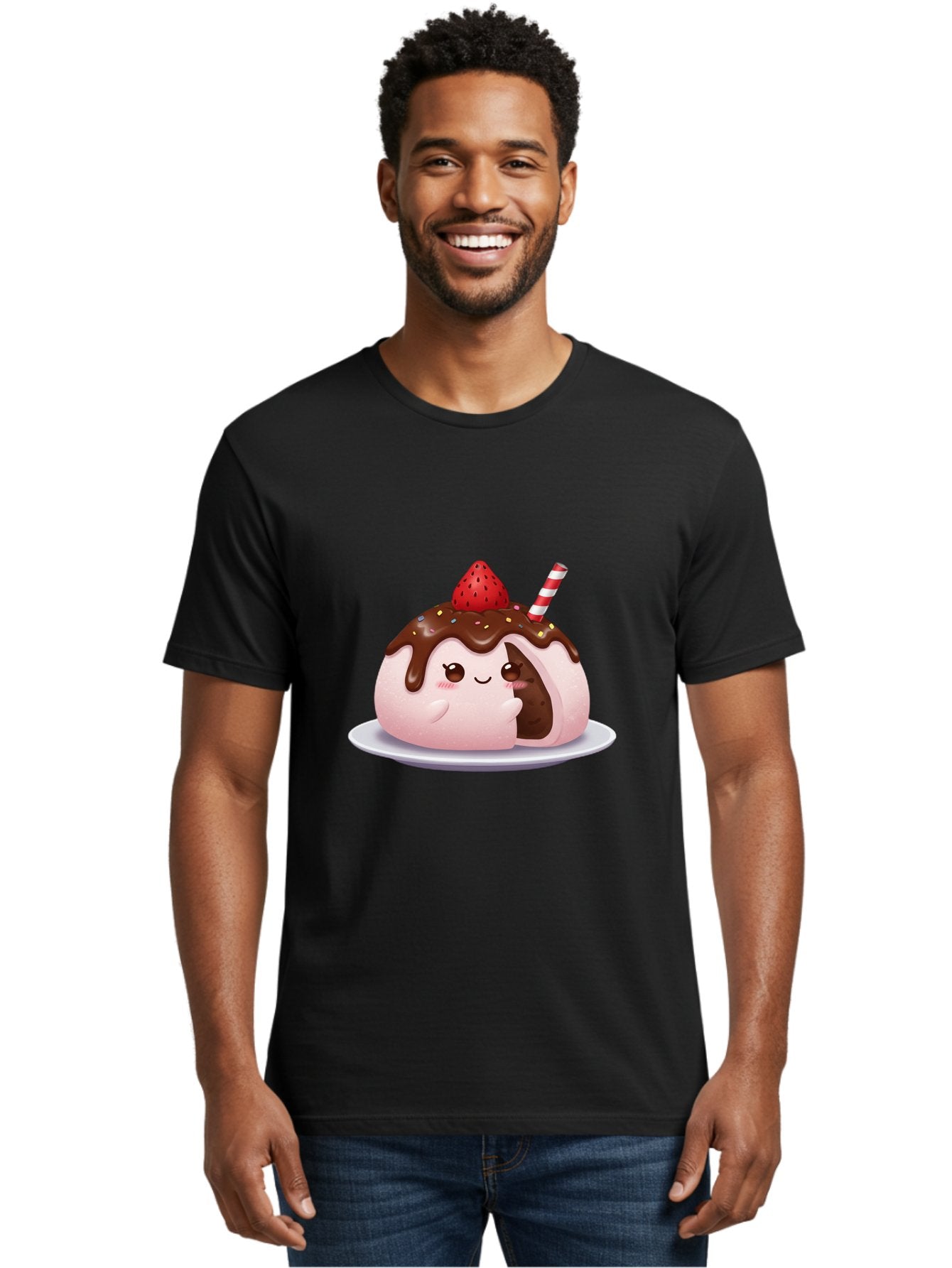 Strawberry-Donut Men'S Graphic Tee, 100% Cotton, Comfortable Casual Summer Wear, Machine Washable, Chocolate Donut, Strawberry Topping, Donut Character, Dessert, Sweet Treat, Chocolate Sauce, Sprinkles, Donut With Straw, Cute Dessert, Bac474 27