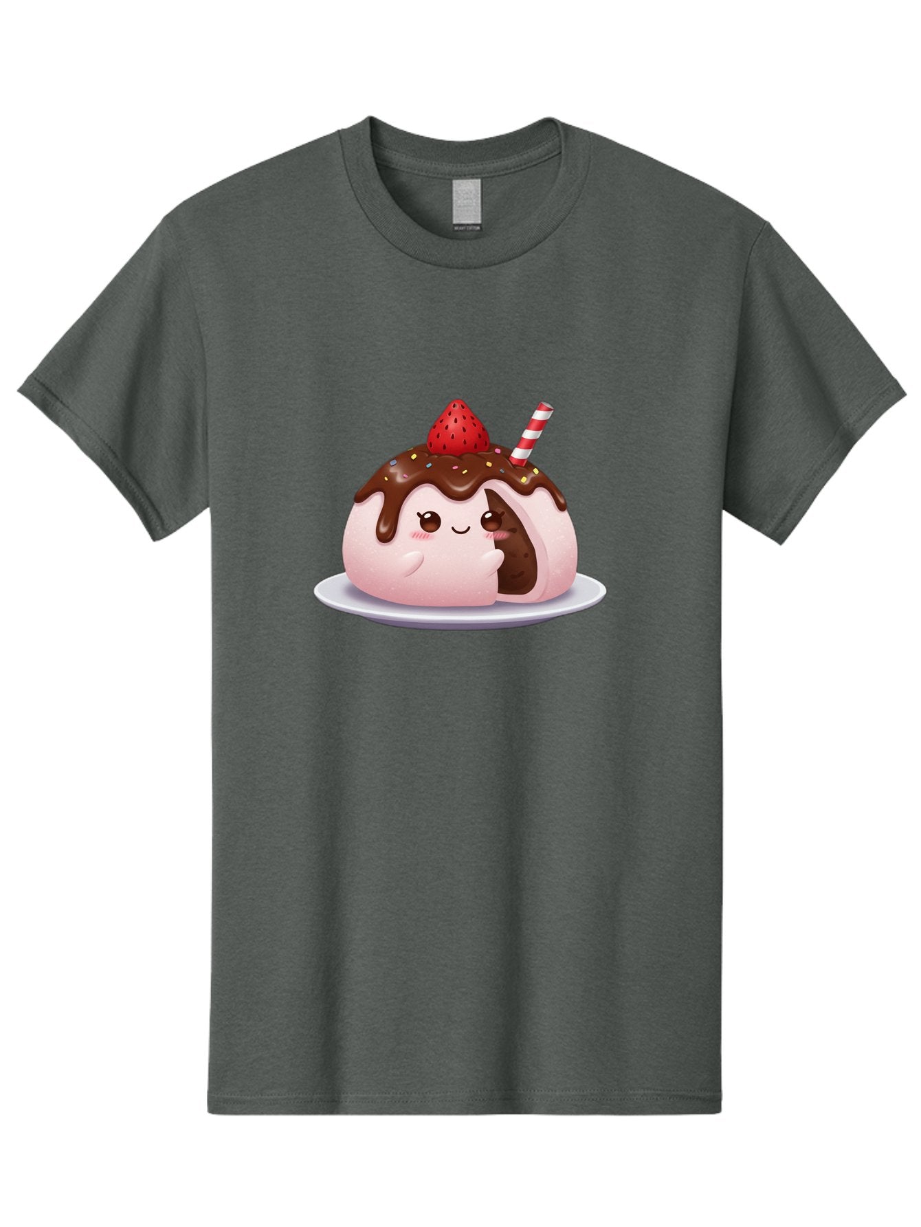Strawberry-Donut Men'S Graphic Tee, 100% Cotton, Comfortable Casual Summer Wear, Machine Washable, Chocolate Donut, Strawberry Topping, Donut Character, Dessert, Sweet Treat, Chocolate Sauce, Sprinkles, Donut With Straw, Cute Dessert, Bac474 4
