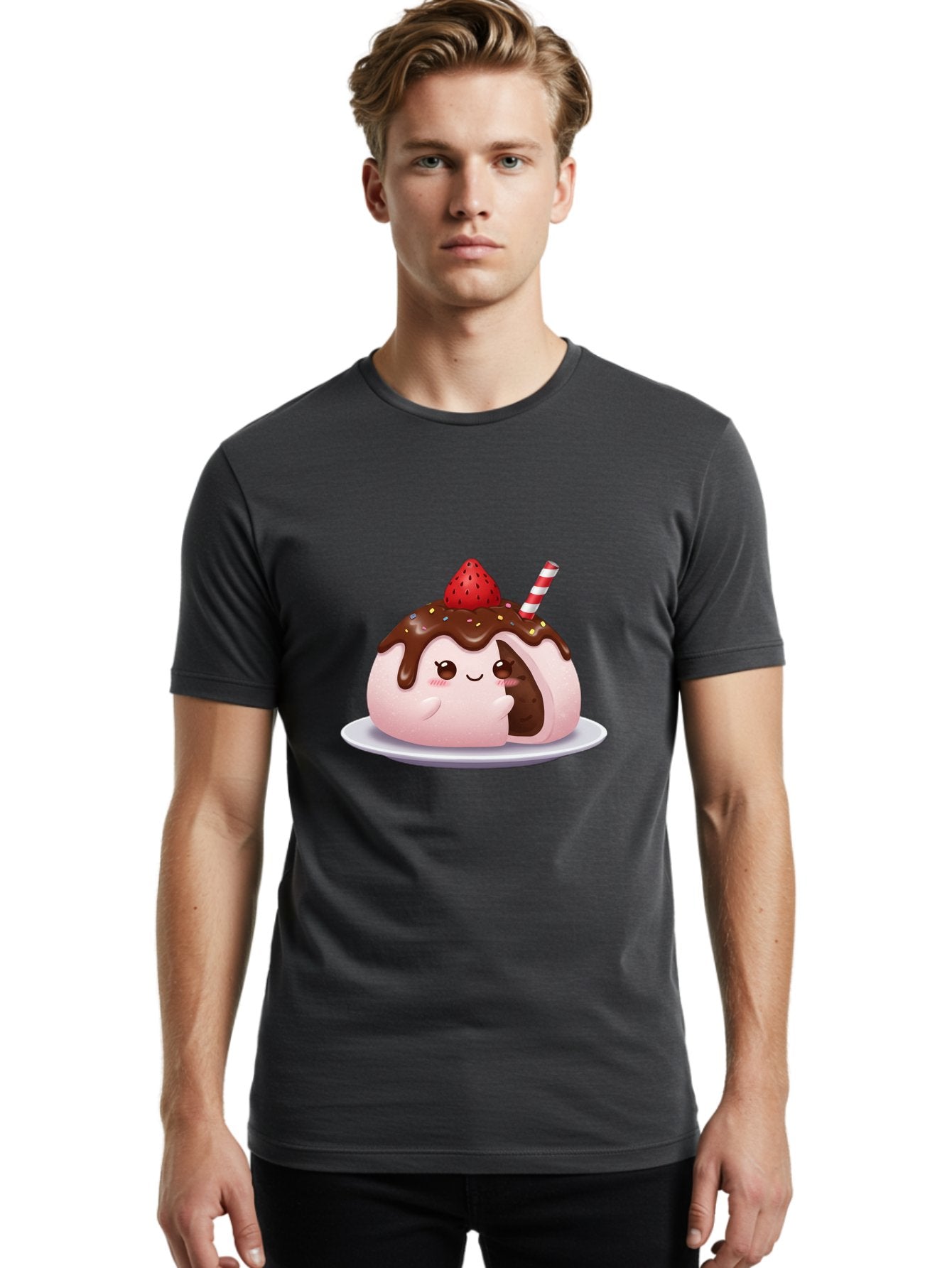 Strawberry-Donut Men'S Graphic Tee, 100% Cotton, Comfortable Casual Summer Wear, Machine Washable, Chocolate Donut, Strawberry Topping, Donut Character, Dessert, Sweet Treat, Chocolate Sauce, Sprinkles, Donut With Straw, Cute Dessert, Bac474 22