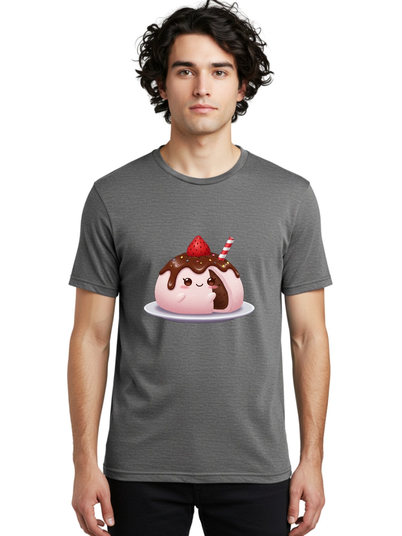 Strawberry-Donut Men'S Graphic Tee, 100% Cotton, Comfortable Casual Summer Wear, Machine Washable, Chocolate Donut, Strawberry Topping, Donut Character, Dessert, Sweet Treat, Chocolate Sauce, Sprinkles, Donut With Straw, Cute Dessert, Bac474 28