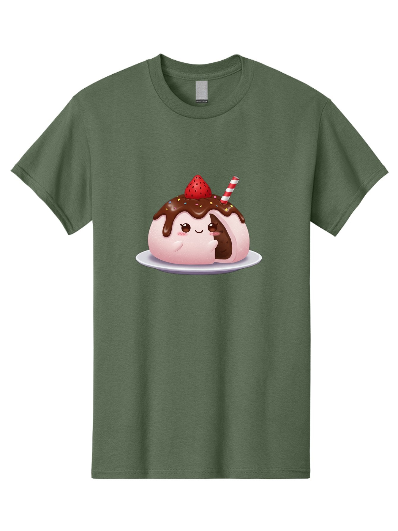 Strawberry-Donut Men'S Graphic Tee, 100% Cotton, Comfortable Casual Summer Wear, Machine Washable, Chocolate Donut, Strawberry Topping, Donut Character, Dessert, Sweet Treat, Chocolate Sauce, Sprinkles, Donut With Straw, Cute Dessert, Bac474 6